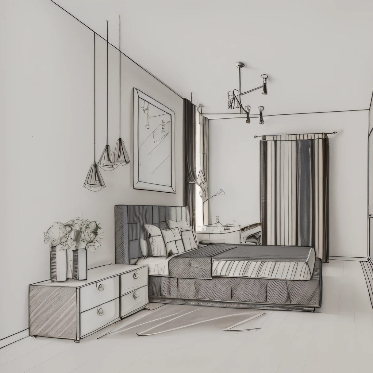 a drawing of a bedroom with a bed, dresser, and a window, sketch illustration, inside of a bedroom, sketch style, sketch black and white colors, an interior of room, interior design details, bedroom interior, line - art, in a bedroom, clean ink detailed line drawing, interior of a small room, bedroom background, high quality sketch, room interior