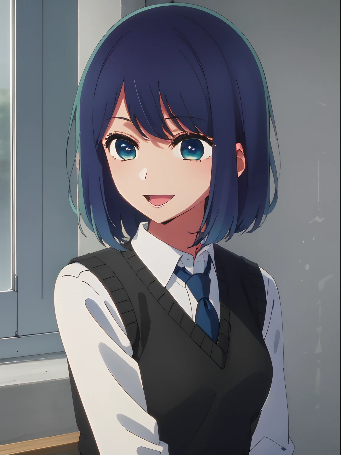 beautiful  lighting, 1girl in, 独奏, Akane, white  shirt, Sweater Vest, Black vest, Blue tie, ((anime styled))、((2D))、A smile、Open your mouth、Facing the front