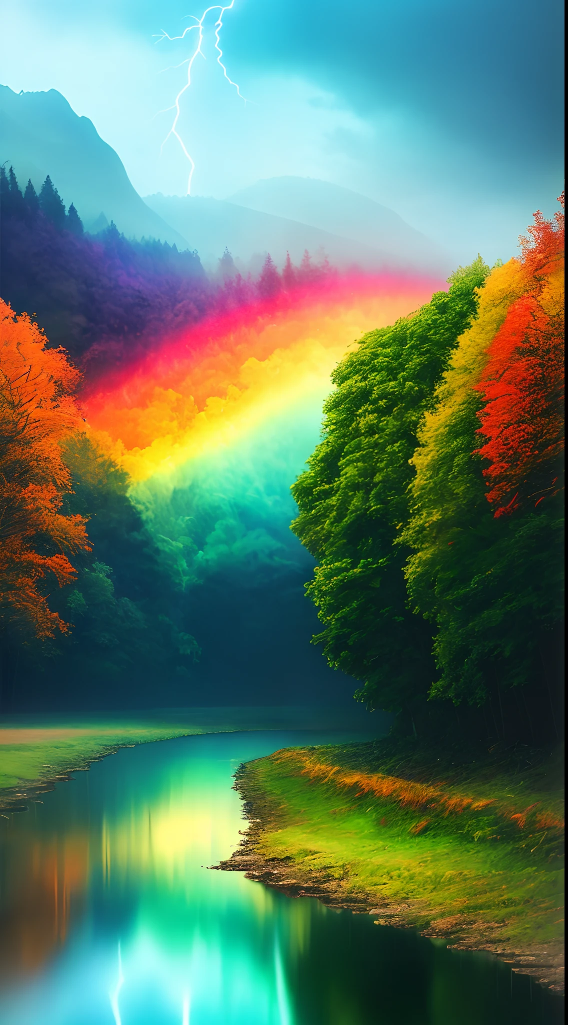 analog style,Chromav5, nvinkpunk,masterpiece, best quality, high quality,extremely detailed CG unity 8k wallpaper, scenery, outdoors, tree, no humans, sky, cloud, mountain, nature, river, water, rock, cloudy sky, day, landscape, reflection, lake, blue sky, building, mountainous horizon,heavy rain, rainbow, rain, Stormy, lightning, mist, fog , oil paiting, award winning photography, Bokeh, Depth of Field, HDR, bloom, Chromatic Aberration ,Photorealistic,extremely detailed, trending on artstation, trending on CGsociety, Intricate, High Detail, dramatic, art by midjourney