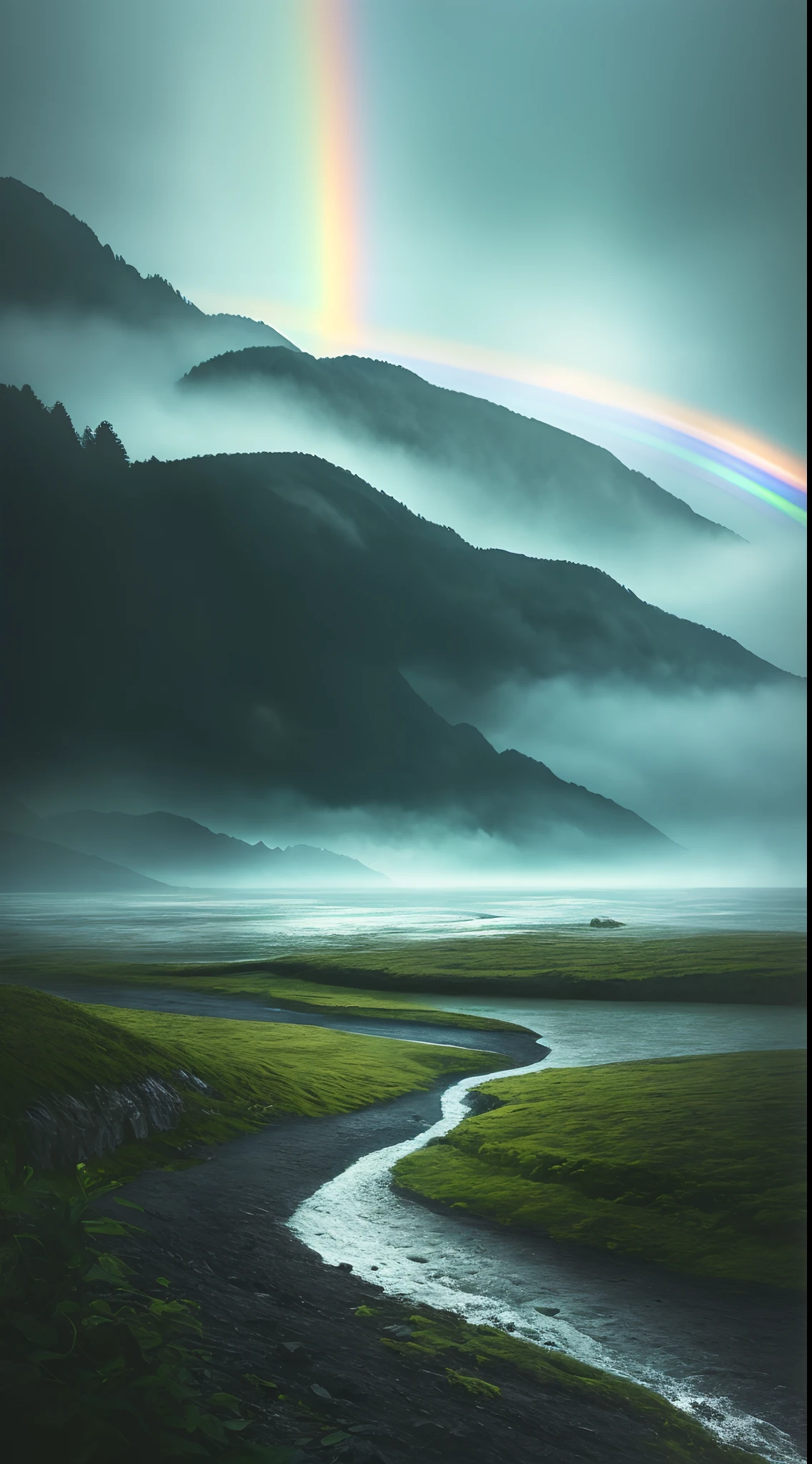 analog style,Chromav5, nvinkpunk,masterpiece, best quality, high quality,extremely detailed CG unity 8k wallpaper, scenery, outdoors, tree, no humans, sky, cloud, mountain, nature, river, water, rock, cloudy sky, day, landscape, reflection, lake, blue sky, building, mountainous horizon,heavy rain, rainbow, rain, Stormy, lightning, mist, fog , oil paiting, award winning photography, Bokeh, Depth of Field, HDR, bloom, Chromatic Aberration ,Photorealistic,extremely detailed, trending on artstation, trending on CGsociety, Intricate, High Detail, dramatic, art by midjourney