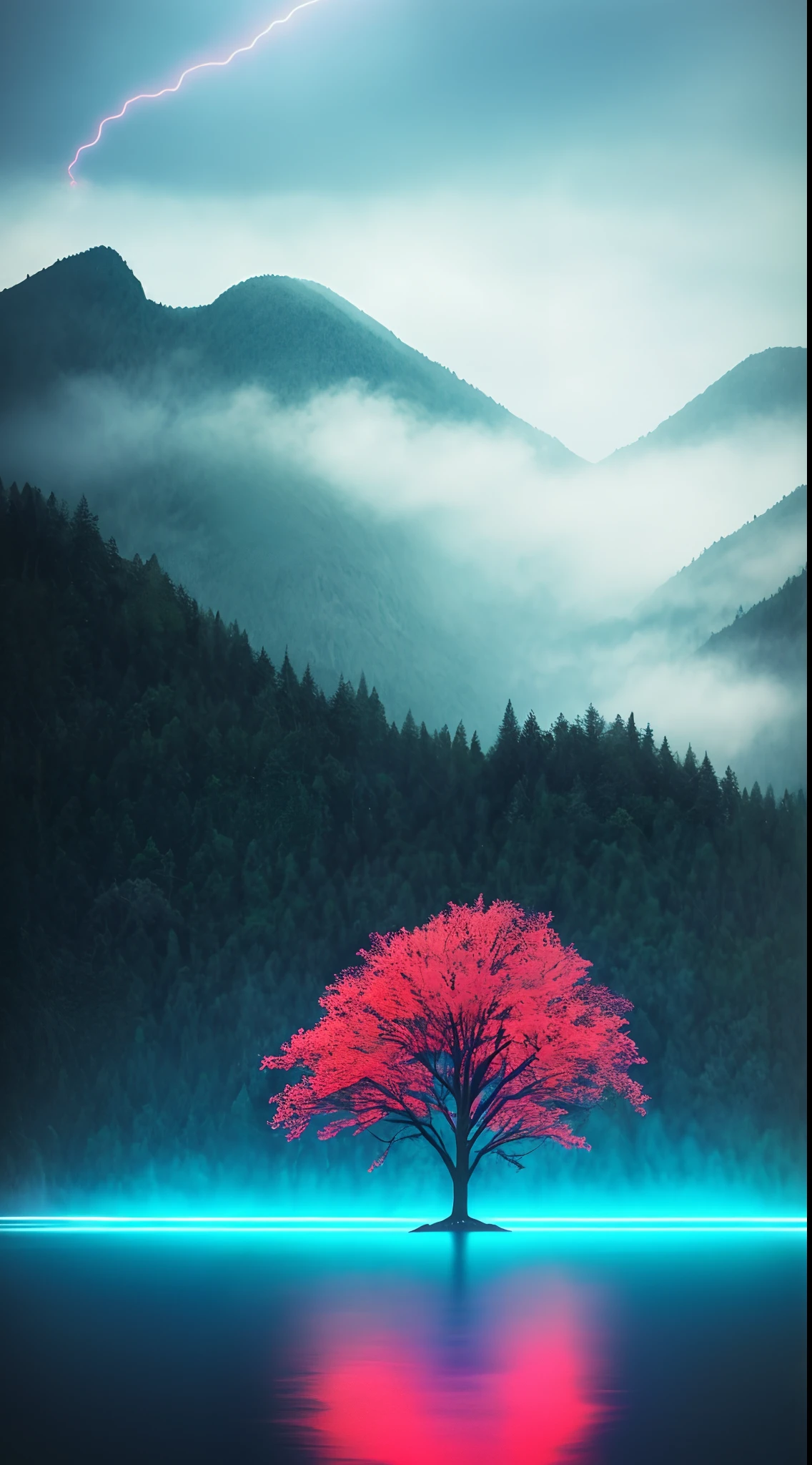 analog style,Chromav5, nvinkpunk,masterpiece, best quality, high quality,extremely detailed CG unity 8k wallpaper, scenery, outdoors, tree, no humans, sky, cloud, mountain, nature, river,  water, rock, cloudy sky, day, landscape, reflection, lake, blue sky, building, mountainous horizon,heavy rain, rainbow, rain, Stormy, lightning, mist, fog , oil paiting, award winning photography, Bokeh, Depth of Field, HDR, bloom, Chromatic Aberration ,Photorealistic,extremely detailed, trending on artstation, trending on CGsociety, Intricate, High Detail, dramatic, art by midjourney