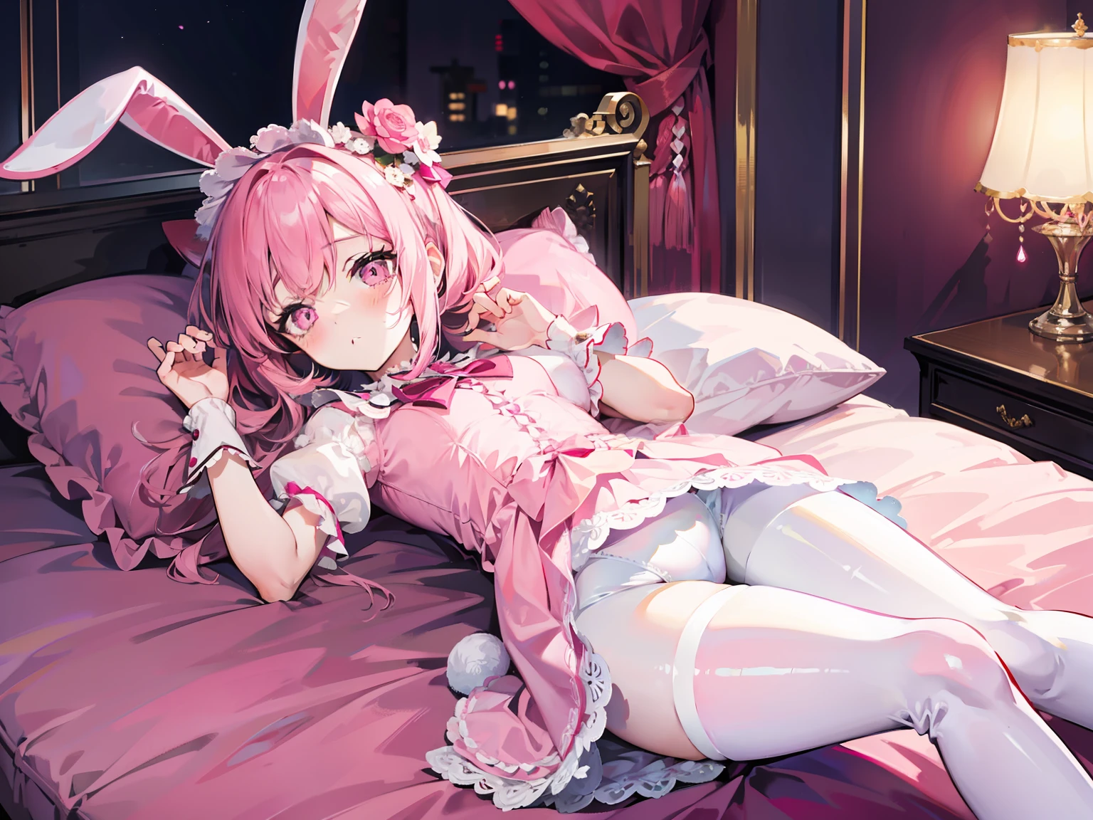 Pink hair，Long rabbit ears，Pink eyes，pink ta，White tights，pink bows，Room Baroque inside，Lie down in bed