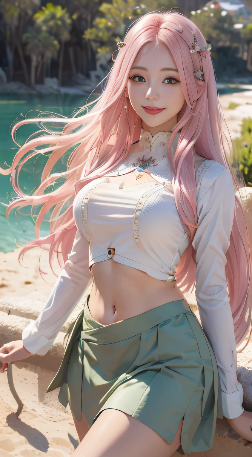8K high detail,Ultra-realistic image quality,realistic sense,reallife,realisticlying,Beautiful artistic conception,aestheticism,furlough,beachside,(Ultra-fine face,A detailed eye,Single Eyelids,ssmile,Long pink blonde hair,(Delicate,Large buttocks without bare big breasts)Small white vest,White beach skirt,Refines skin)。 --auto