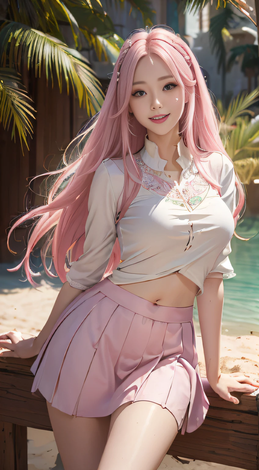 "(1 persons)(((Best quality))),(((Ultra detailed))),(((Masterpiece))),illustration,"
Descriptors:
Hair color:Long pink hair
expression:A smile of joy
clothing:Loose short sleeves and short skirt,Open navel,
Scenes:oasis in the desert,Surrounded by greenery,clear lakes,Fine sand and green grass fight each other