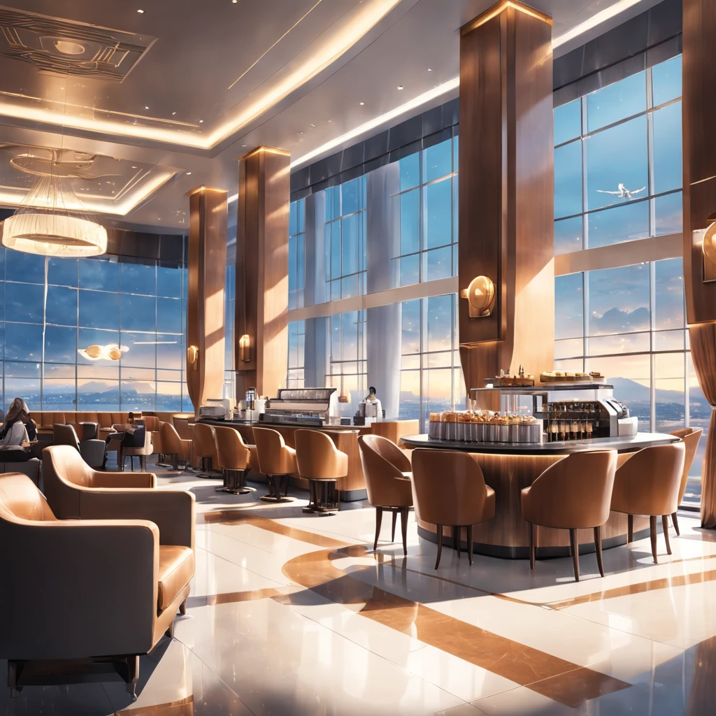"Modern and stylish airport lounge with luxurious and comfortable seating, elegant lighting, sleek design, panoramic windows showcasing a beautiful view of the runway, bustling atmosphere, refined coffee bar, contemporary artwork, and a touch of sophistication."