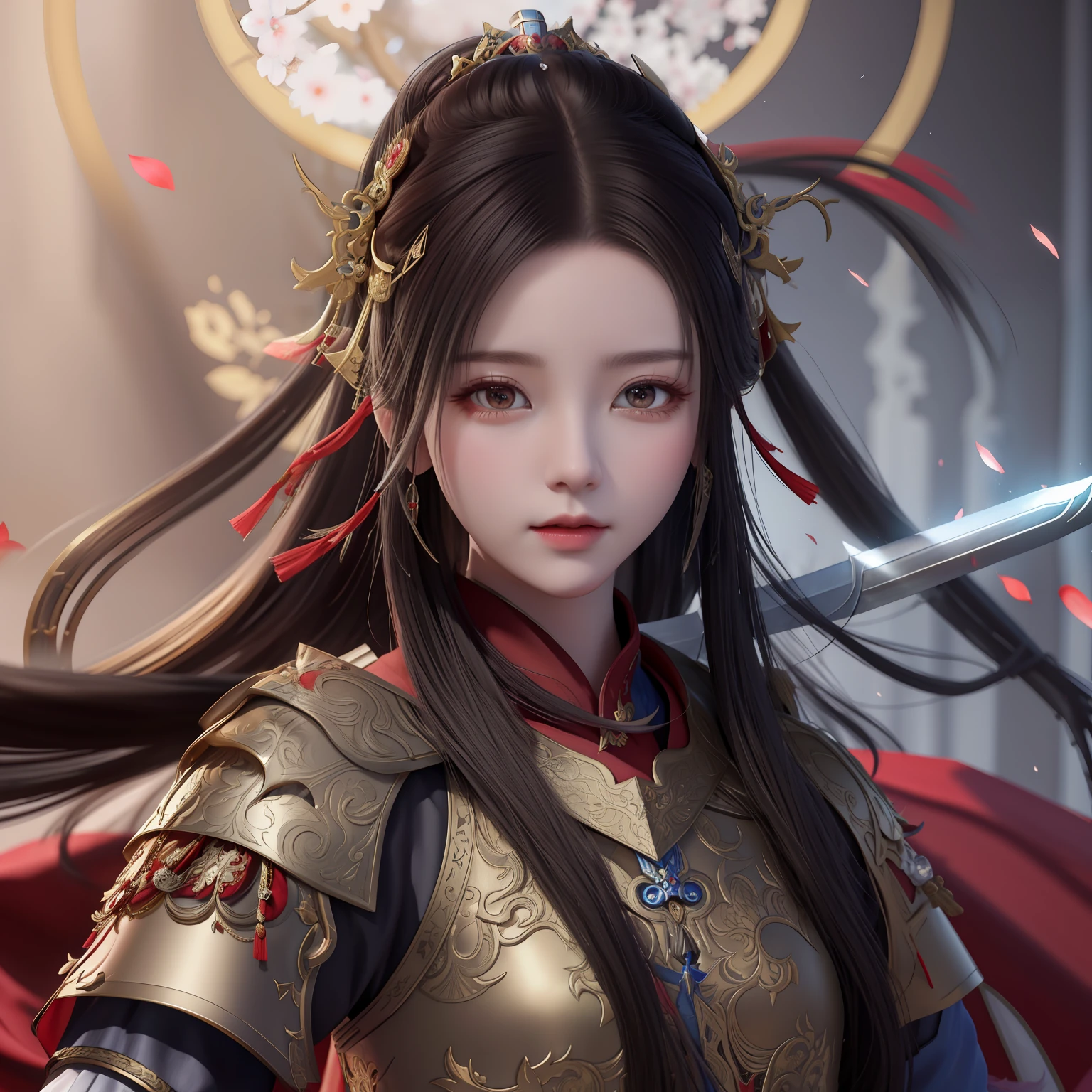 dressed in armor,Arad woman with sword and red cloak, Palace , A girl in Hanfu, Beautiful character painting, inspired by Du Qiong, a beautiful fantasy empress, by Yang J, Guviz-style artwork, chengwei pan on artstation, 2. 5 D CGI anime fantasy artwork, warrior princess, a beautiful woman warrior