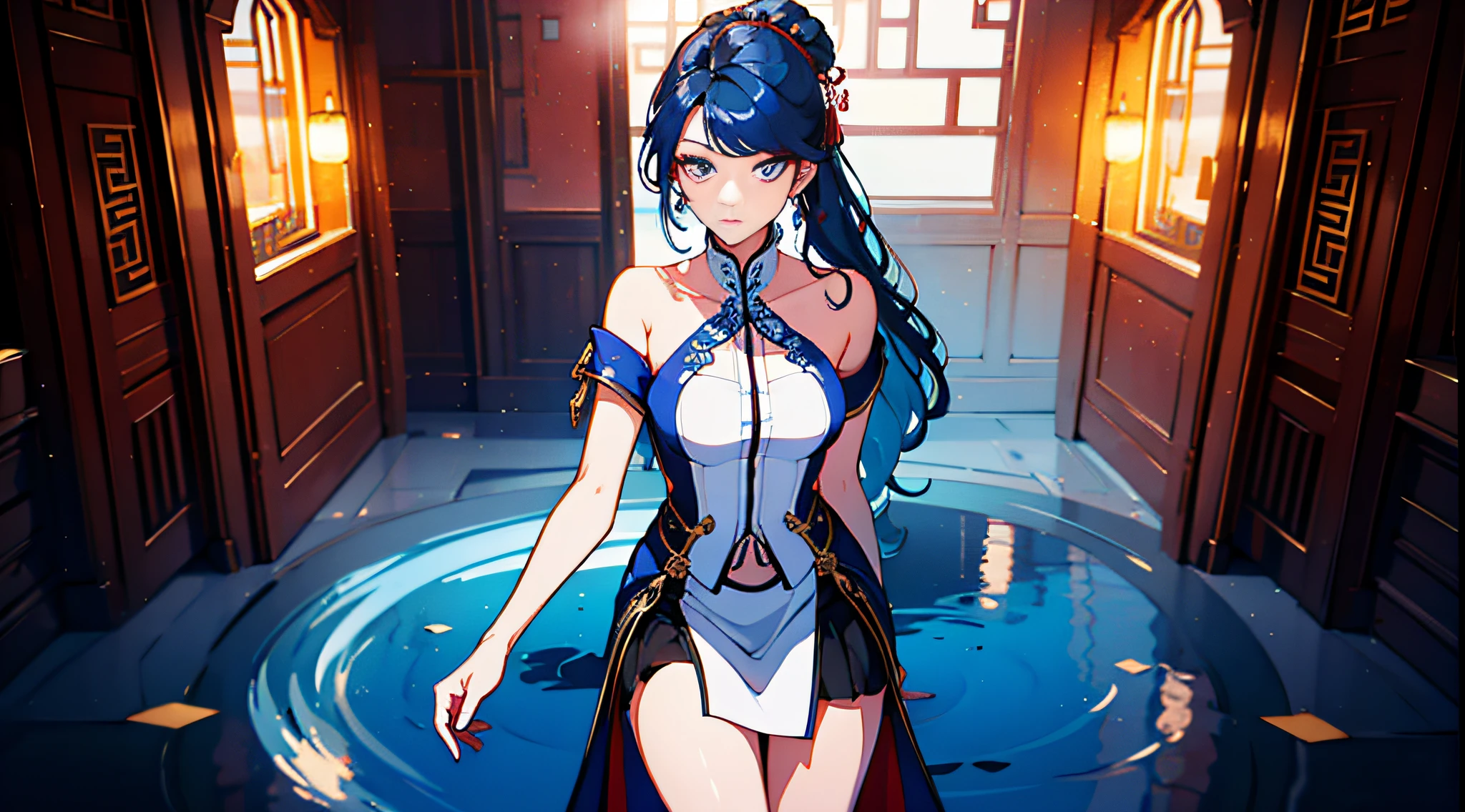 Fine, (Best Illustration), 8K resolution, Intricate details, Best quality, Realistic, Ultra detailed, BEST lighting, Best shadows, Ultra HD, Blue hair, Long hair, magister, standing,Dressed in an ice blue trendy Chinese costume，The skirt does not reach the knee，Long legs，Moon eyebrow starry eyes，Qiong nose is straight，Such as aquatic silk。