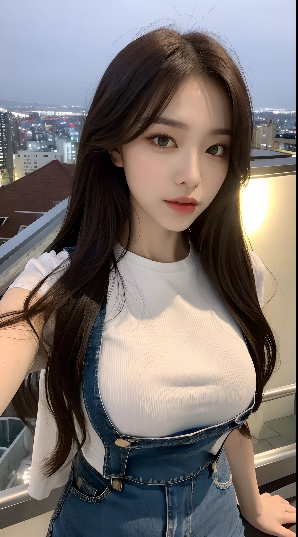 ((midnight, best quality, 8 thousand, masterpiece :1.3)), whole body, long legs, sharp focus :1.2, pretty girl with perfect body :1.4, slim abs :1.1, ((dark brown hair, big bust :1.2)), (white tight t-shirt, bib jeans, standing:1.2), ((night city view, rooftop:1.3)), Highly detailed face and skin texture, detailed eyes, double eyelid