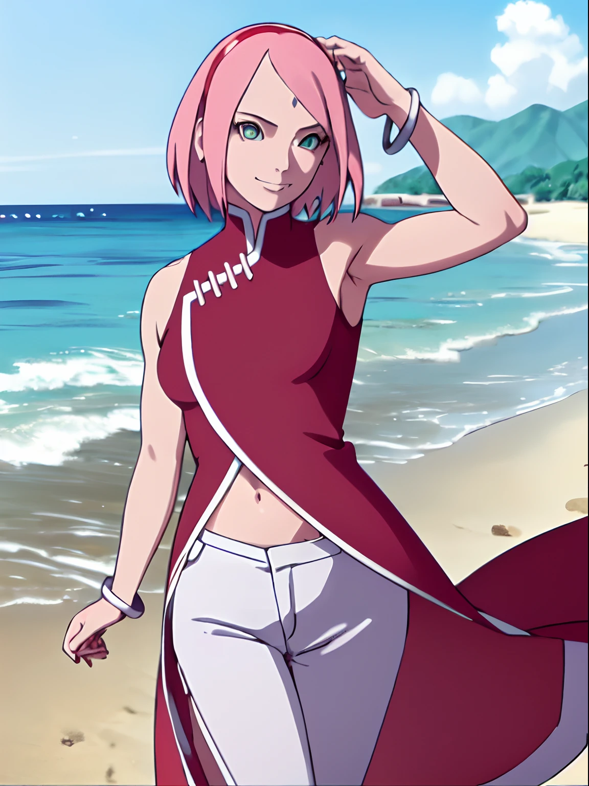 masterpiece, 4k, portrait, face shot, professional artwork, detailed beach background, intricate details, colorful, digital blending, (ultra detailed body, ultra detail hair, ultra detail face), trending on pixiv, kind smile, best quality, anime style: 1.9, 1girl, hires, haruno sakura, (forehead mark, milf, red hairband, pale skin, short hair, ((red sleeveless dress), white pants), (navel, belly button, bracelet, pink hair), smile, beach, wind, floating hair, detailed arms, off-shoulders, broad shoulders, slightly muscular arms, (dirty armpits), standing)
