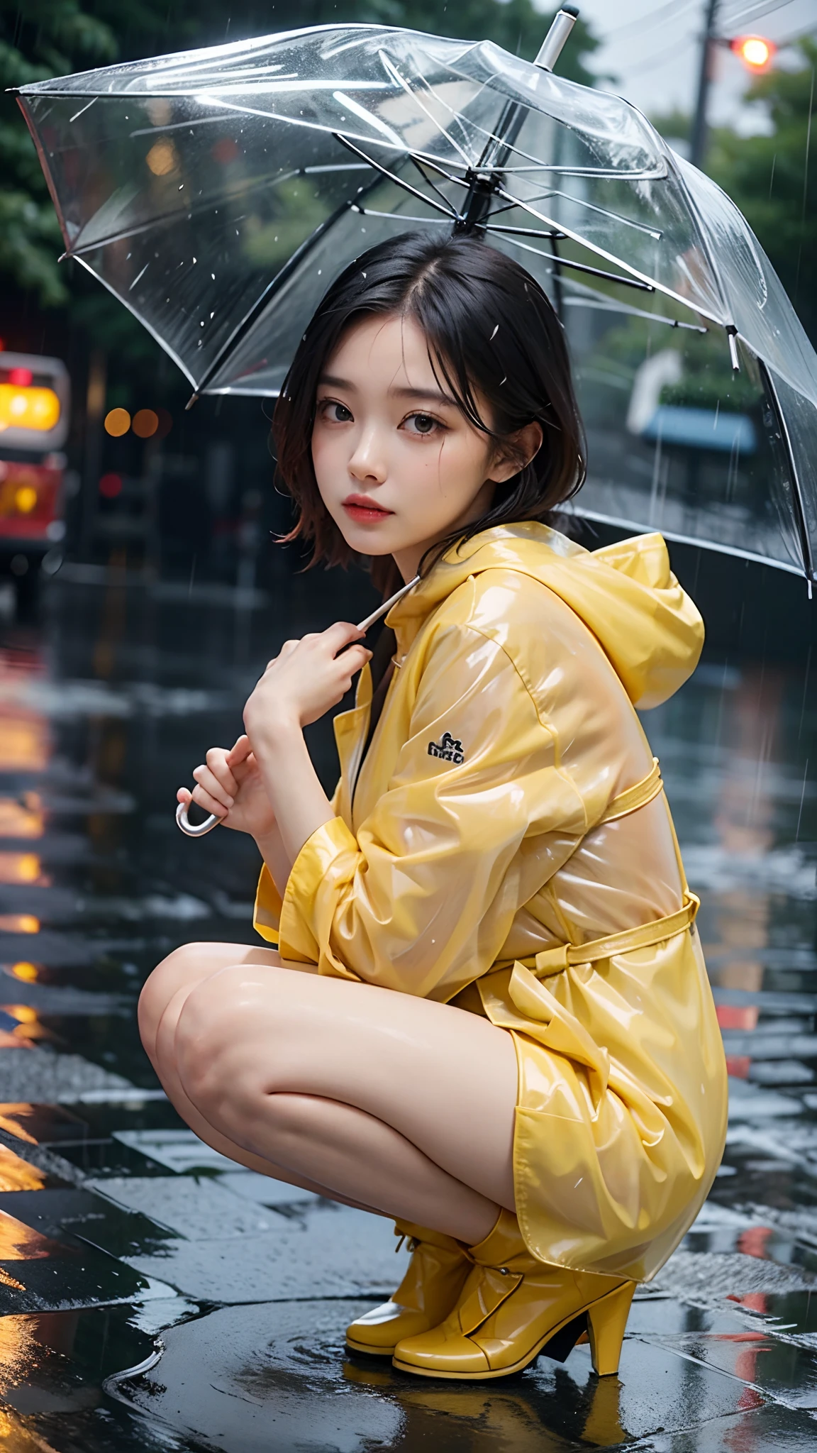 (Masterpiece: 1.2, Best Quality), (Real Pictures, Intricate Details), (Night, Darkness, Downpour: 1.4)
The alley was empty, and there was silence all around, except for the slight rustle of raindrops on the corrugated cornices of low houses near and far. In the cold rain, (1 girl, wet red hooded jacket, sad, perfect eyes: 1.2) squatting on the ground,