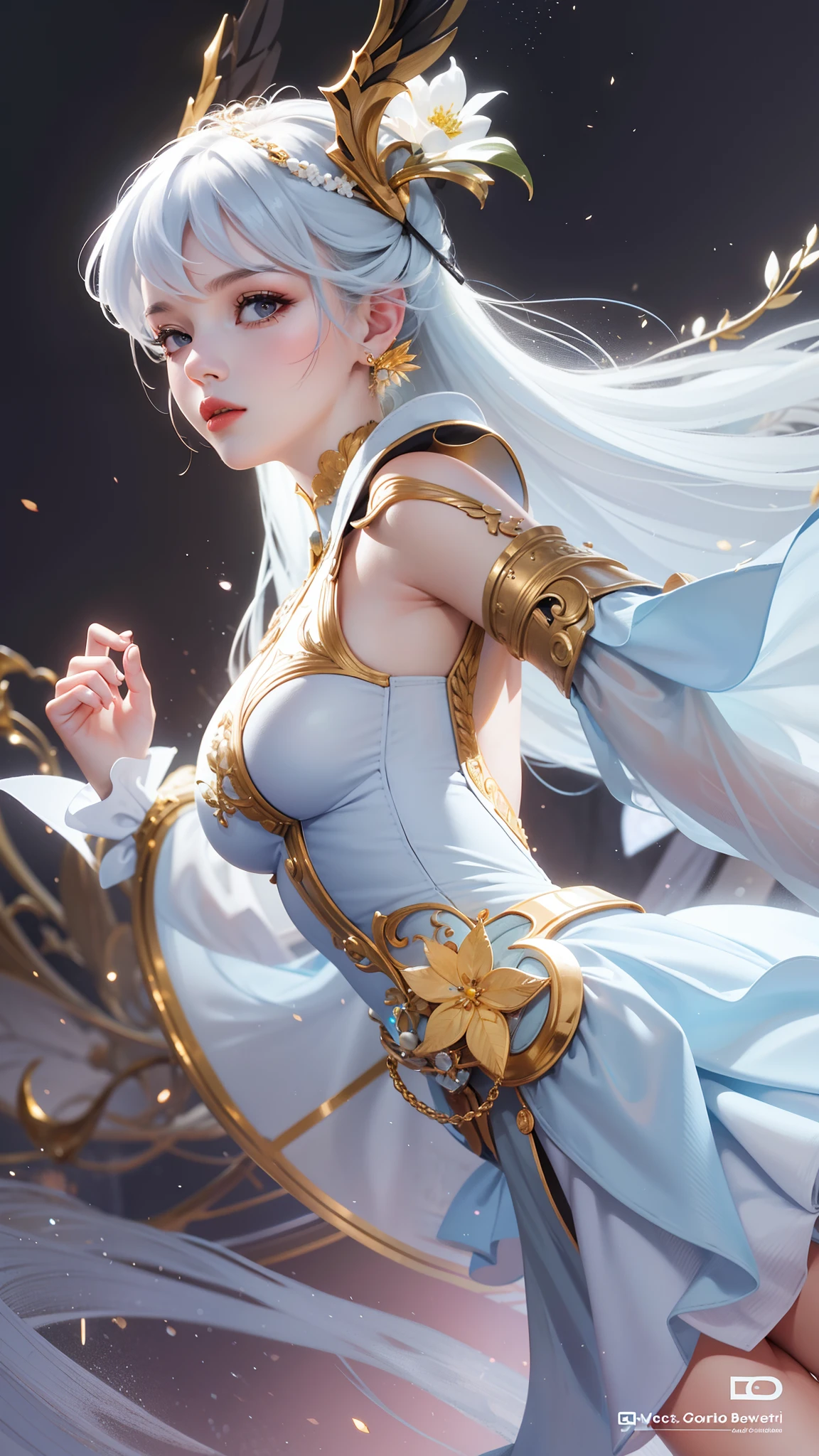 A woman in a white dress with a long white hair and a crown - SeaArt AI