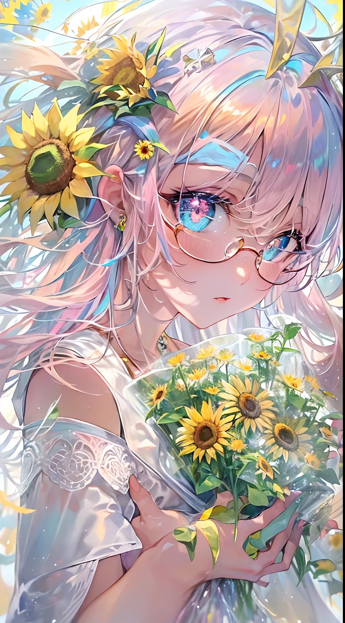 ((masterpiece、top-quality、Watercolor art(Pendants)、Official art、Beautifully Aesthetic:1.2))、(1girl in:1.3)、(Fractal Art:1.3)、full body Esbian、((Glitter pupils))、patterns、((rainbow-colored hair、colourful hair、Half blue and half pink hair:1.2))、colourfull、(Silver-rimmed glasses)、Writing、heterochromia iridis、(colourfull:1.5)、((Shy face))、one piece dress、(Standing)、(Hyper-detailing), ((delicate detail)), (intricate detailes), ((ciinematic light, best quality backlight)), highcontrast, ((The best lighting, extremely delicate and beautiful)), ((ciinematic light))、(ray trace reflection、brilliance)、((glowing aura))、((Radiant hair))、((The ultra-detailliert))、((8K))、(Background with:Sunset and sunflower field:1.5)、(evening:2),(Background with:Evening glow:1.5)、(Flower bouquet)