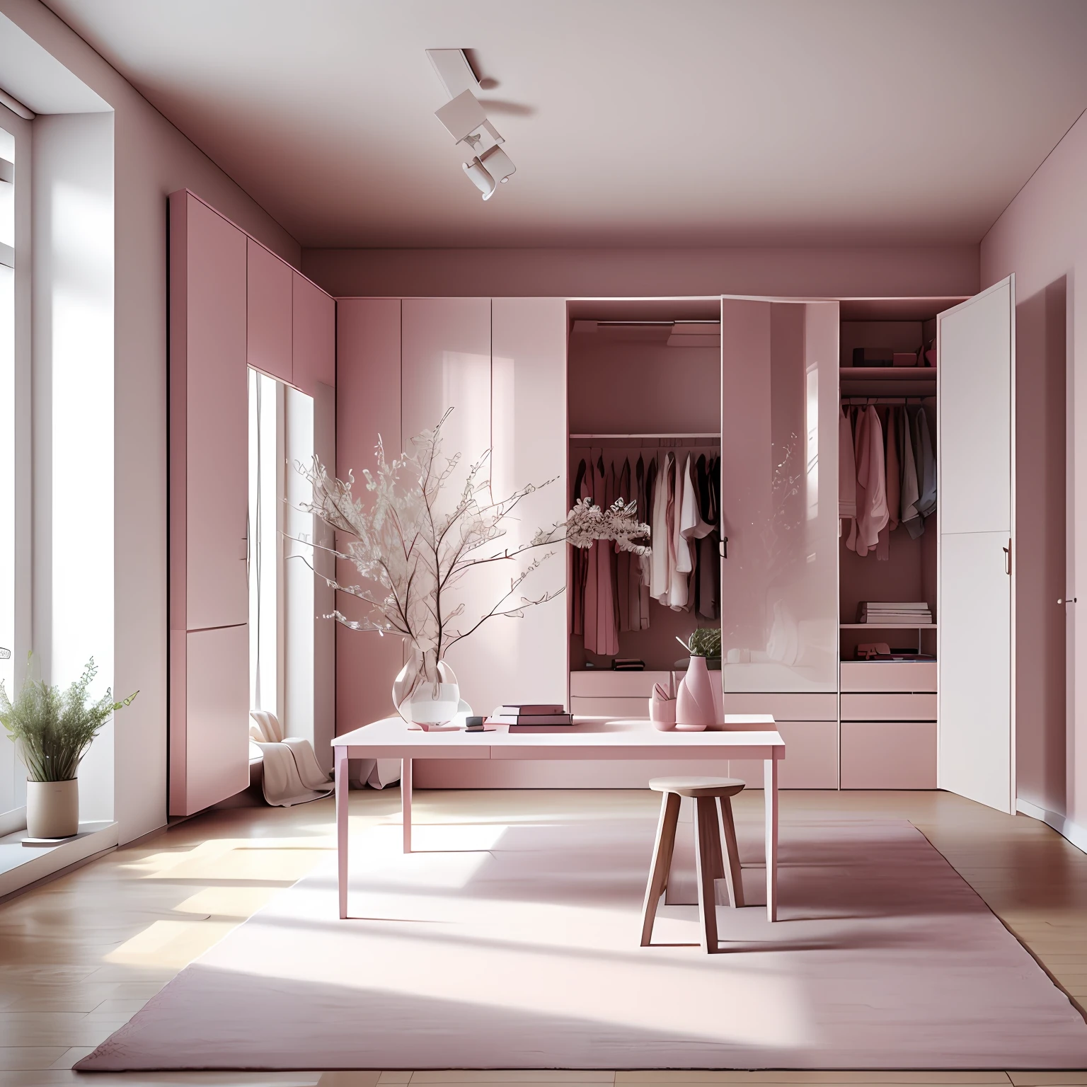 There was a room，There is a lazy sofa near the window，A small coffee table，A steaming cup of coffee on the coffee table, brightly lit pink room, with soft pink colors, rendered in vray, Rendered in V-Ray, Pink clothes, minimal pink palette, pink zen style, Render in Vray, pink hues, archviz, render vray, vray 8k render, vray rendered