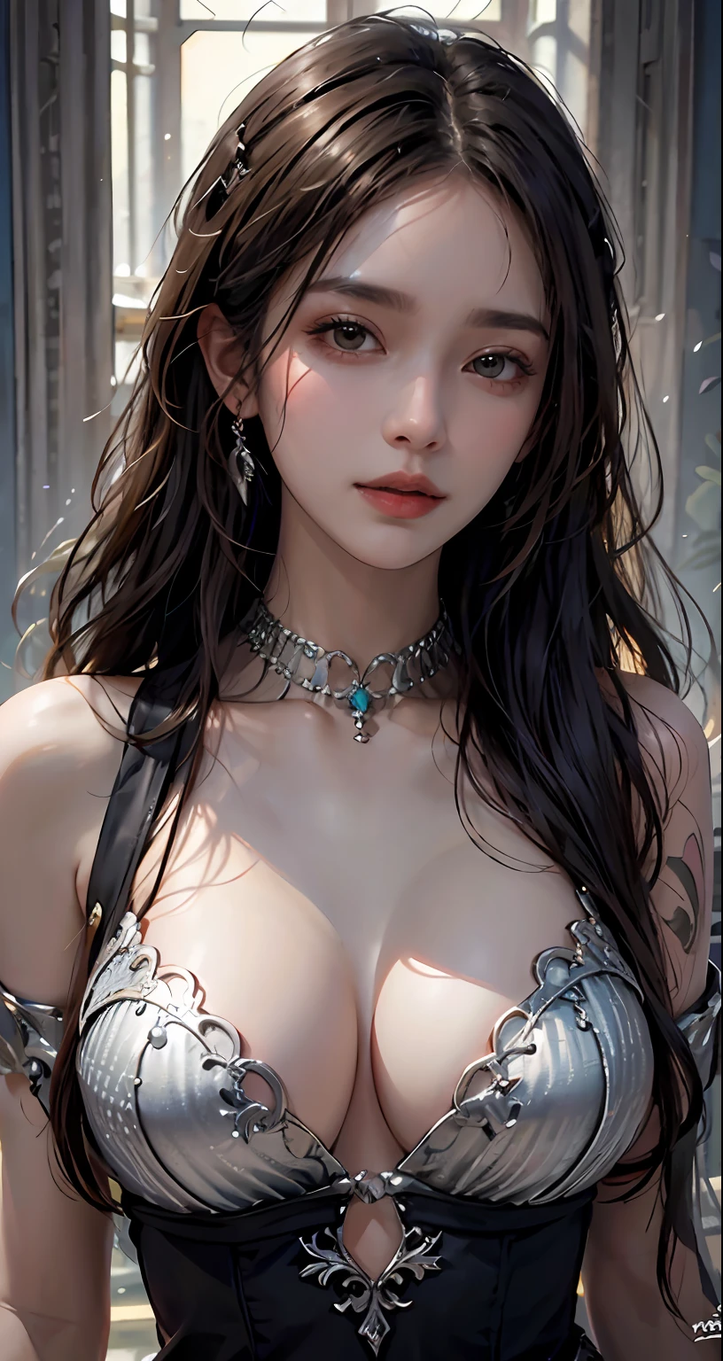 Photorealistic, High resolution, Soft light,1womanl, Solo, hips up high, glistning skin, (Detailed face),The tattoo, Jewelry, Chainmail, Night, Long hair, Wavy Hair, Beautiful Soldier, An eye that invites the viewer, Lover's perspective, inviting expression, Sexy smile, Perfect Style, Perfect balance, Detailed skin, Naughty gaze, Chest visible