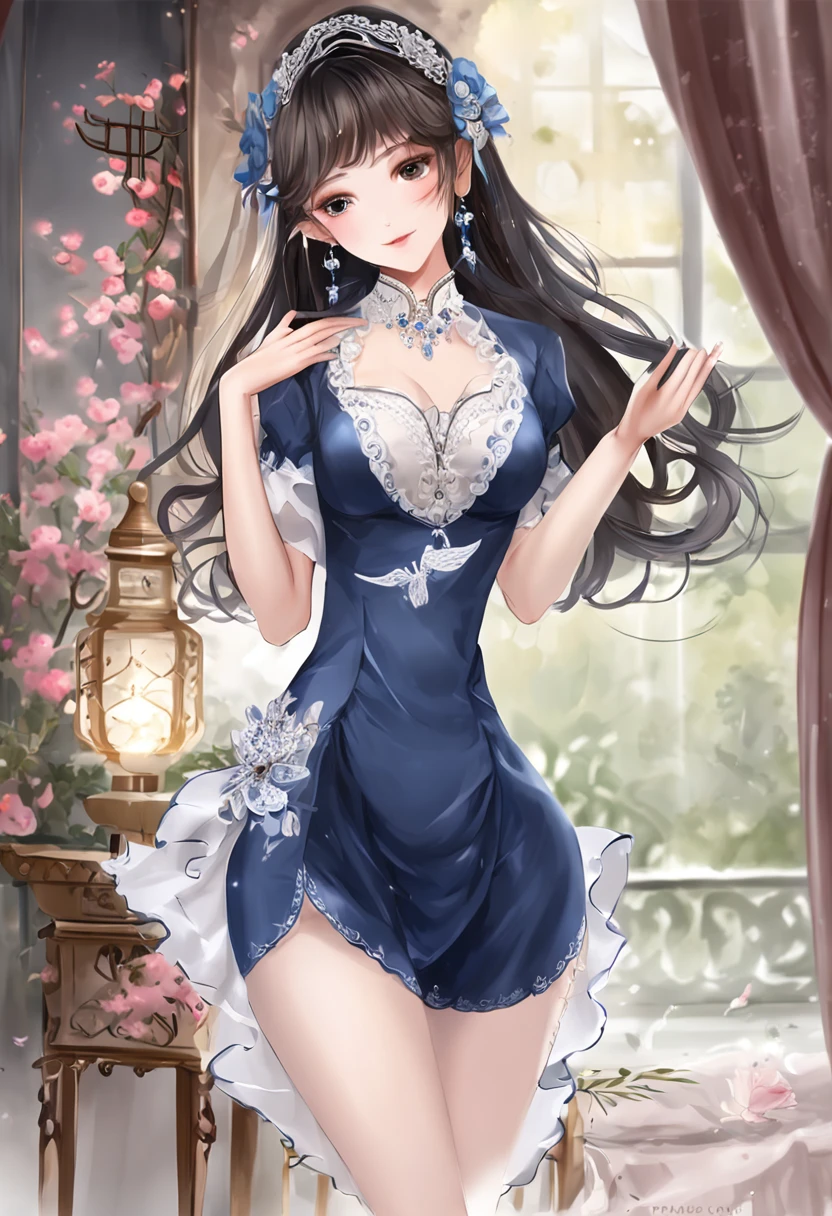 (Masterpiece)),((Best quality)),8K,high detal,Ultra-detailed,Young woman with perfect slim model body, Her blue eyes sparkled with life, Lips are as sweet as cherries, With a soft and charming smile, Expose her 34D breasts through delicate blue-black lace erotic lingerie,The 110 cm long legs are decorated with blue and black stockings and elegant high heels,Put on the bridal veil,Her facial features are clear and clear,Her skin resembles a rosy complexion, The skin texture is very detailed,Impressive and realistic, Show off the slender muscles of her abdomen,Her waist-length black hair flowed gracefully, There is a tattoo on the waist, dressed in a "Blue and white porcelain" qipao dress, Dress slit with elegant slit, Shot in cinematic style,Characterized by realism and artistry,Located next to the outdoor hot spring, Play skillfully [drum set],Beat jazz drums rhythmically,Skillful,((correct hand, Foot and limb structures)),(The deformation of fingers and toes is not particularly strange)