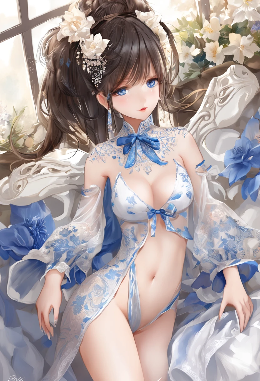 (Masterpiece)),((Best quality)),8K,high detal,Ultra-detailed,Young woman with perfect slim model body, Her blue eyes sparkled with life, Lips are as sweet as cherries, With a soft and charming smile, Expose her 34D breasts through delicate blue-black lace erotic lingerie,The 110 cm long legs are decorated with blue and black stockings and elegant high heels,Put on the bridal veil,Her facial features are clear and clear,Her skin resembles a rosy complexion, The skin texture is very detailed,Impressive and realistic, Show off the slender muscles of her abdomen,Her waist-length black hair flowed gracefully, There is a tattoo on the waist, dressed in a "Blue and white porcelain" qipao dress, Dress slit with elegant slit, Shot in cinematic style,Characterized by realism and artistry,Located next to the outdoor hot spring, Play skillfully [drum set],Beat jazz drums rhythmically,Skillful,((correct hand, Foot and limb structures)),(The deformation of fingers and toes is not particularly strange)