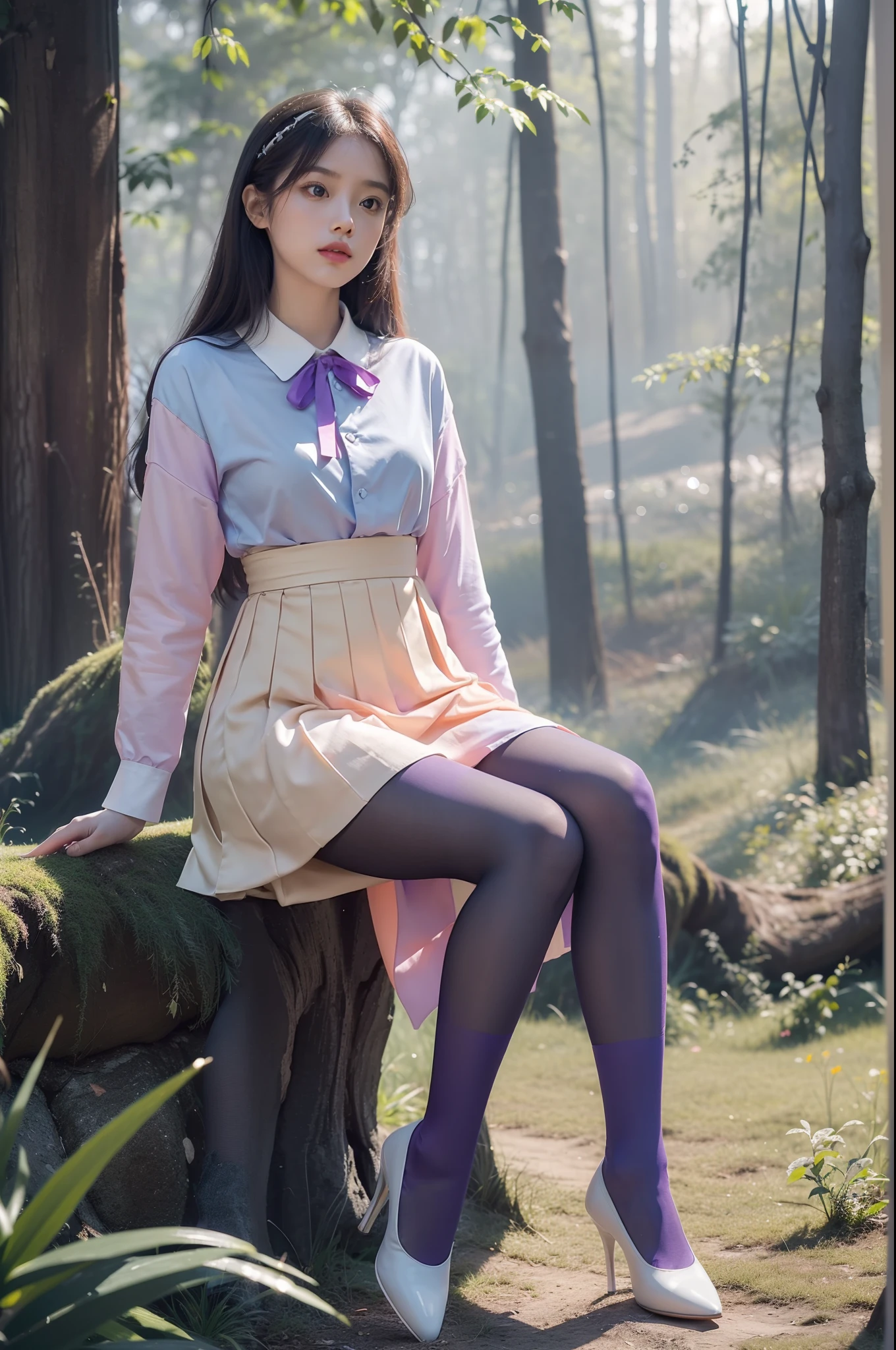(full body:1.5)，(1girl:1.3),(view the viewer:1.4)，(anatomy correct:1.3),(sitting in the forest:1.2),(Wearing a school Style Dress:1.2),(Opaque Purple pantyhose:1.3),( girl pointed thick heels :1.1)，((purplish color | blue colors | in pink | greys |white colors  |black in color | orange colors | green color | cyan colors | golden colors | khaki | Salmon colors):1.2),(Accurate and perfect face:1.3),(Long legs:1.3),hyper HD, Ray traching, reflective light， structurally correct, Award-Awarded, high detail, lighten shade contrast, Face lighting ，cinematic lighting, masterpiece, super detailing, high quality, high detail, best quality, 16k，High contrast,