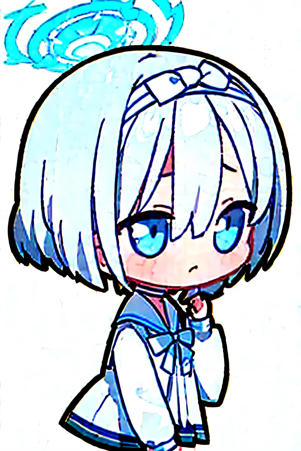 arona, 1girl, white hairband, bow hairband, halo, short hair, single braid, school uniform, blue shirt, white sailor collar, long sleeves, white bowtie, white choker, white background, chibi,