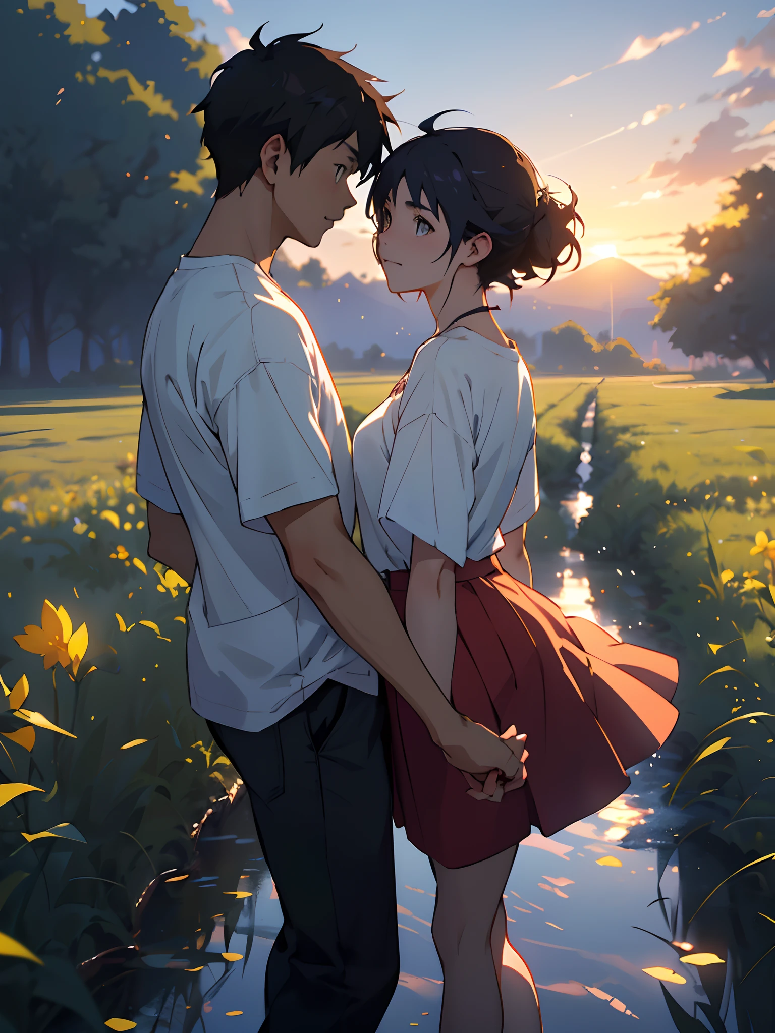 Anime couple walking on the field, (menino + Girl), watery big eyes, (delicate and beautiful facial features), It's an absolute gentle beauty, The romantic atmosphere is very strong, These two (Hand in hand) Going head-on, (From far and near), (face facing audience), (Close-up shot of the character)), The boy looks at the girl affectionately and tenderly, ((A beautiful sunset is behind)), (Girl white shirt with red skirt), (Boy white t-shirt with black pants), Exquisite clothing, Beautiful, tender, Beautiful, Charming and touching, The girl's hair is curled behind her head, (coiled hair), Messy bangs, big watery eyes, light hazel eyes, Area, which are dominated by (((amber)) and golden yellow, official arts, guweiz and makoto shinkai, Hiroshi Yamagata, sakimichan and makoto shinkai, Nobuta Yanagawa, Ghibli Animation Style Style, Fiona Staples and Makoto Shinkai, style of: makoto sinkai, Masterpiece, Master of painting, HD, 8K resolution
