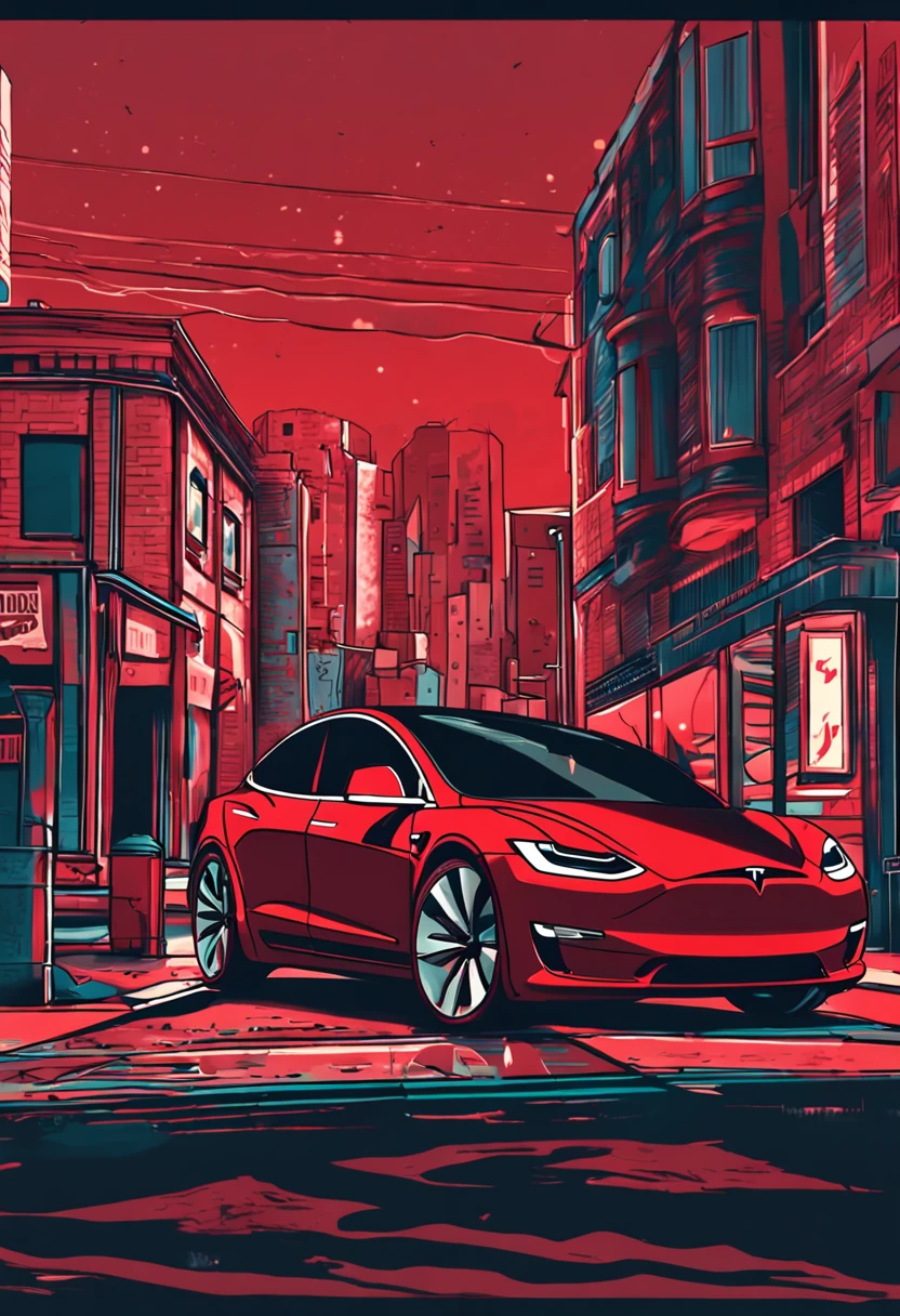 Red Tesla modely in the city