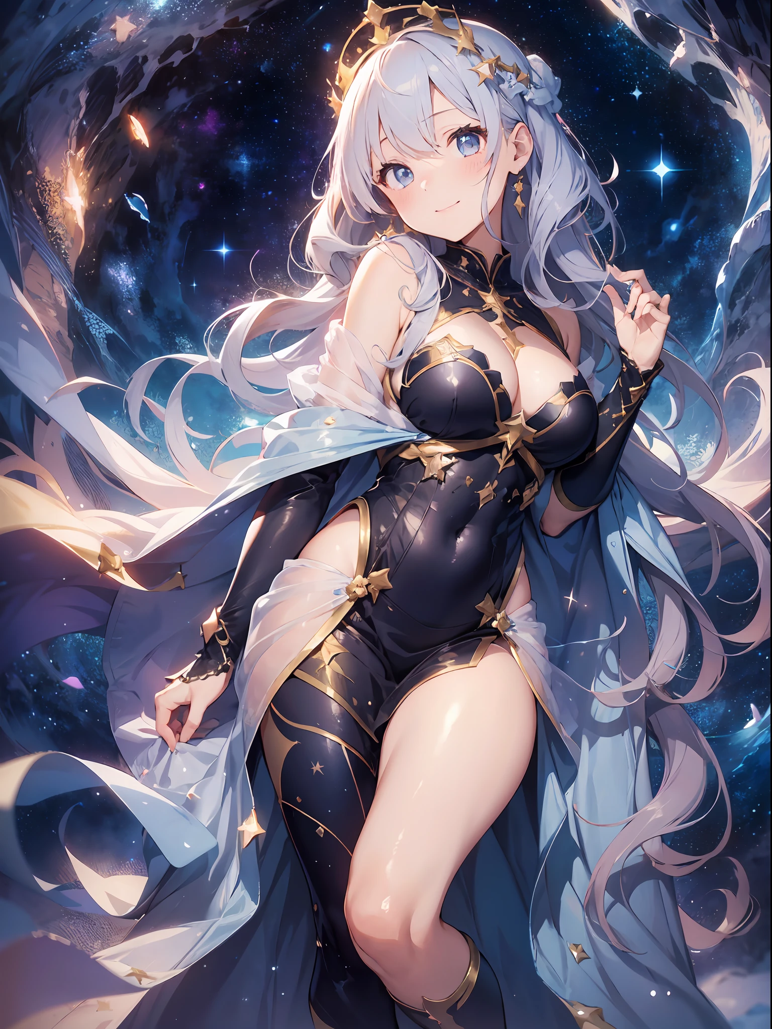 film photography, 1girl,Character: celestial star traveler Style: cosmic dream Quality: ethereal and enchanting, capturing the character's interstellar aura Lighting: gentle starlight bathing her in a celestial glow Shading: soft and radiant, creating an otherworldly atmosphere Clothing: gown woven from stardust and constellations, celestial crown Background: cosmic expanse with swirling nebulae and distant galaxies, seductive smile, medium breast, full body, drunk blush:1.5, wavy shoulder-length hair, serene, calm, (realistic detailed eyes, natural skin texture, realistic face details), soft dramatic lighting, depth of field, bokeh, vibrant details, finely detailed, hyperrealistic