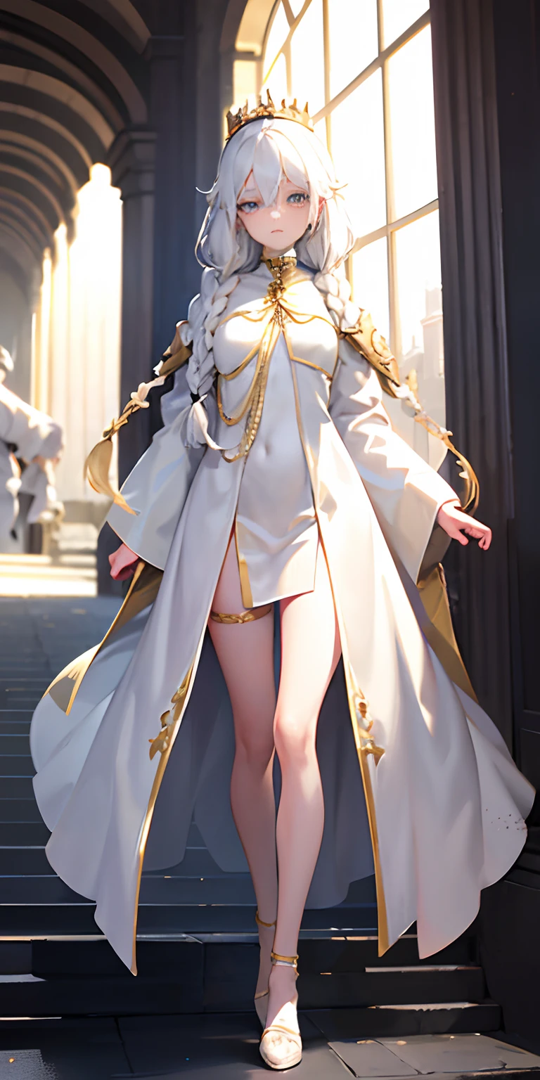 best quality, masterpiece,white hair, gold eyes,white long clothes, looking at viewer, full body view , loli body,  ,Fair skin,side braids , golden crown , castle passageway detauled eyes , beutiful eyes , golden eyes.