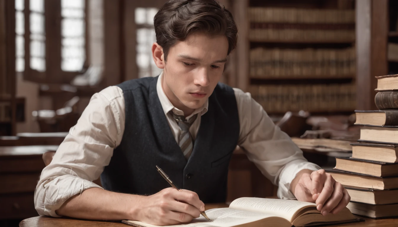 ((Photorealistic portrait:1.3), (Realistic+Highly detailed:1.4)) portrayal of a ((focused young man:1.3)|(diligent student:1.3)) deeply engrossed in his studies, ((Academic dedication:1.3)|(Serious concentration)), ((Close-up of the studious man absorbed in his books)|(Focused on the intricate details of his determined expression)), ((Inspired by photographic realism and the pursuit of knowledge)|(Influences from classic academic art and realism)), ((High-resolution portrait:1.3), (Intricate details of the studious man and his books:1.4)), (Soft, natural lighting highlighting the intensity of his concentration:1.2), ((Subtle play of light and shadows on his face and the pages of his books:1.2)|(Realistic portrayal of the academic dedication and concentration)), ((Authentic depiction of the man's unwavering focus on his studies)|(Capture of the essence of deep concentration in the portrait)), (((Professional scene setup:1.3) for capturing the studious atmosphere)), ((Artistic exploration of dedication to learning, concentration, and realism:1.2)), (Realistic photographic portrait of a man focused on studies:1.3)