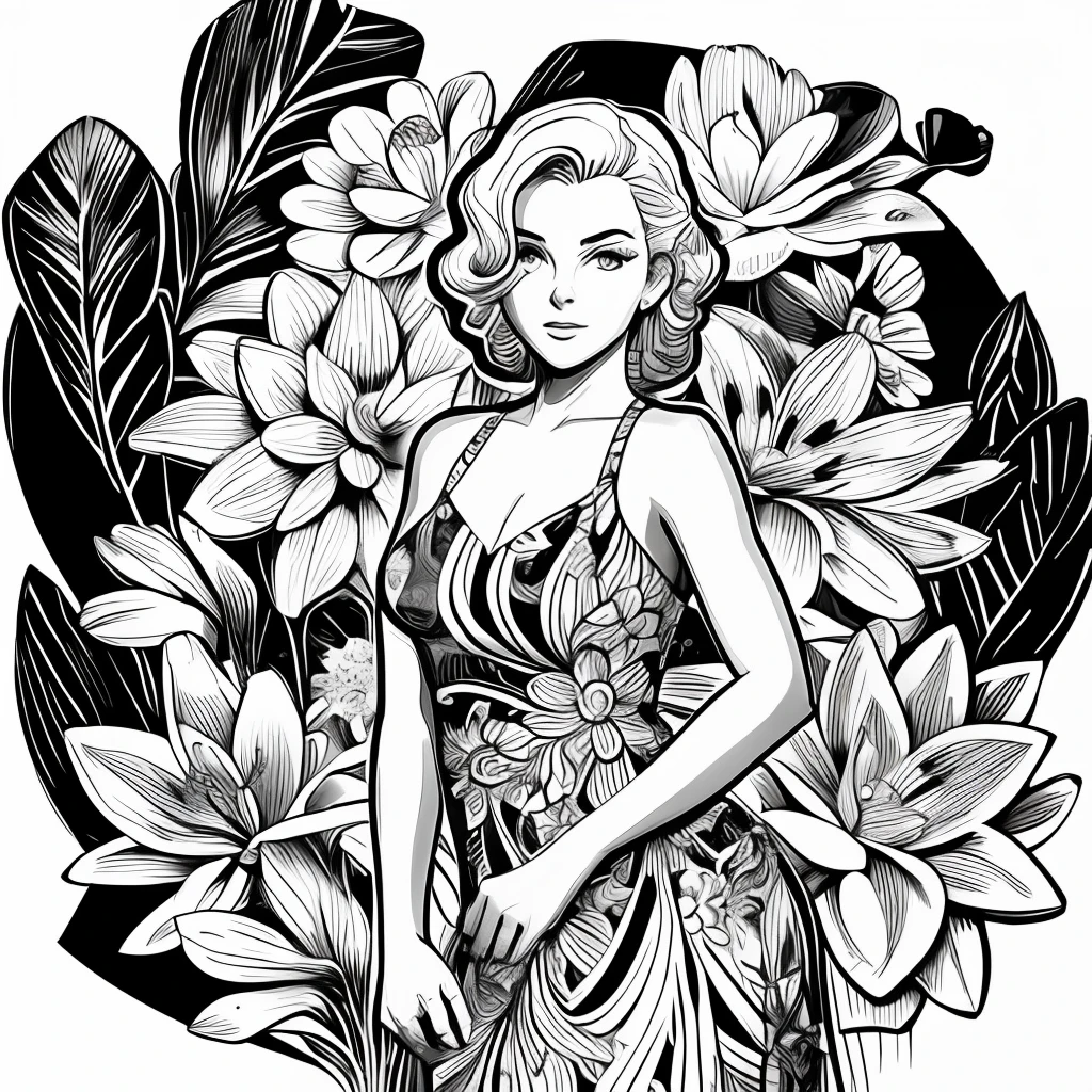 Black and white stick figure 1 girl with river lillies flower in background, loli in dress with flowers, its fine ink line art, comic style, portrait of ploynesian girl, Marilyn Munroe, Hollywood glam, beautiful line art, black and white comic style, manga style, manga art style, pencil and ink caricature drawing, black and white coloring