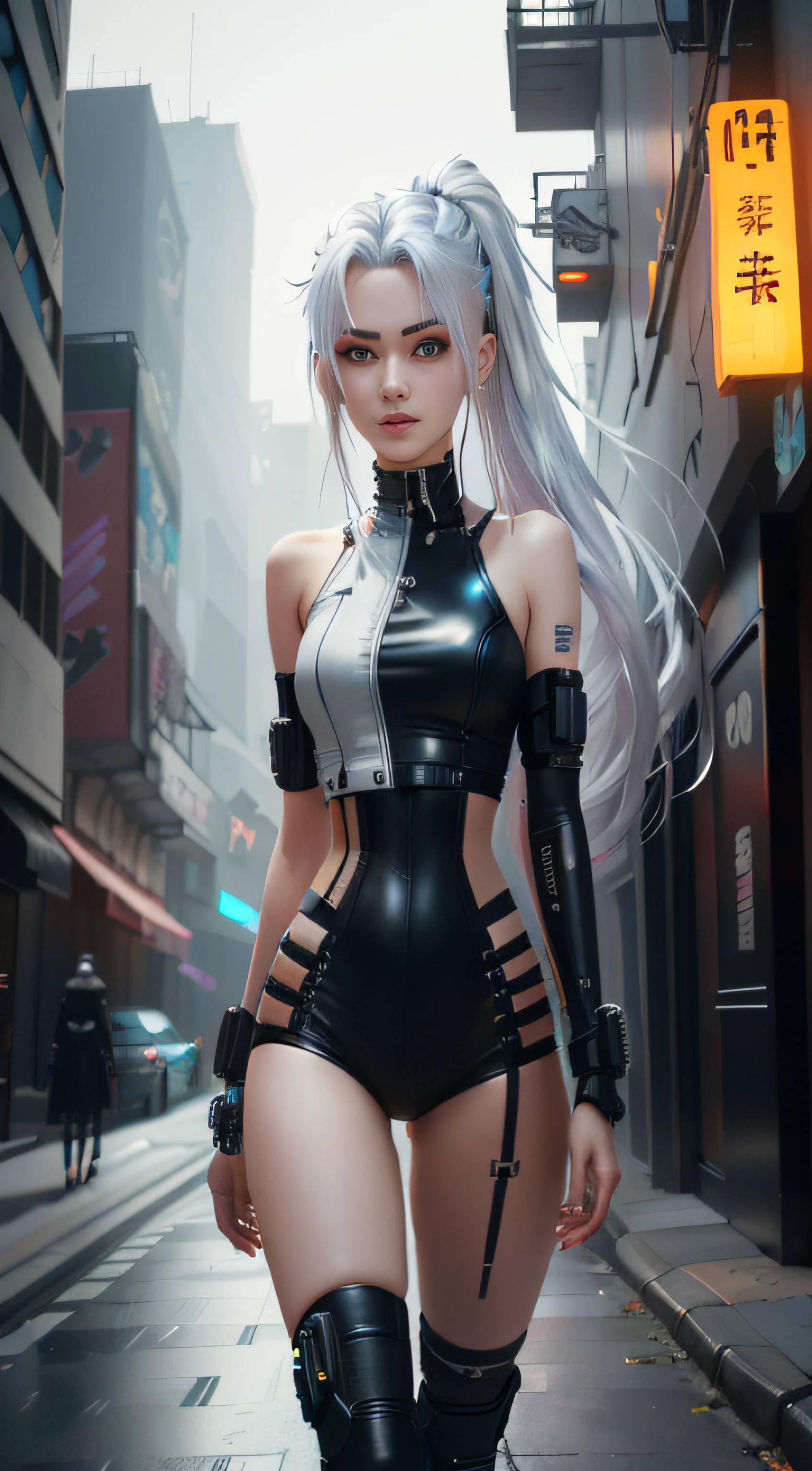 There was a woman in black and white walking down the street, female cyberpunk anime girl, cyberpunk anime girl, cyborg - girl with silver hair, Digital cyberpunk anime art, digitl cyberpunk - anime art, Cyberpunk 2 0 y. o model girl, anime cyberpunk art, cyberpunk beautiful girl, dreamy cyberpunk girl, beautiful cyberpunk woman model, Cyberpunk girl