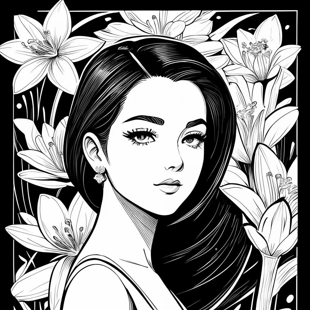 Black and white stick figure 1 girl with river lillies flower in background, in dress with flowers, its fine ink line art, comic style, portrait of ploynesian girl, Marilyn Munroe, Hollywood glam, beautiful line art, black and white comic style, manga style, manga art style, pencil and ink caricature drawing, black and white coloring