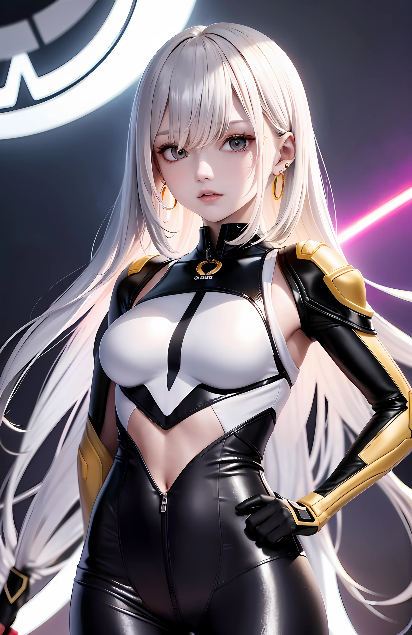 optimum,tmasterpiece,A high resolution,best qualtiy,hyper HD,super detailing,Award-Awarded,16k,独奏,(The upper part of the body),anatomy correct,Beautiful cyberpunk girl,cute face,,Gradient Beige Hair,Hairline,((Scarlet eyes)),long eyelasher,Hanging eye corners,White skin of the,(small boobs),(Slim body),((Women's extra short shawl leather jacket)),((bikesuit)),ear studs,(neck rings),(Laser material clothing:1.2)