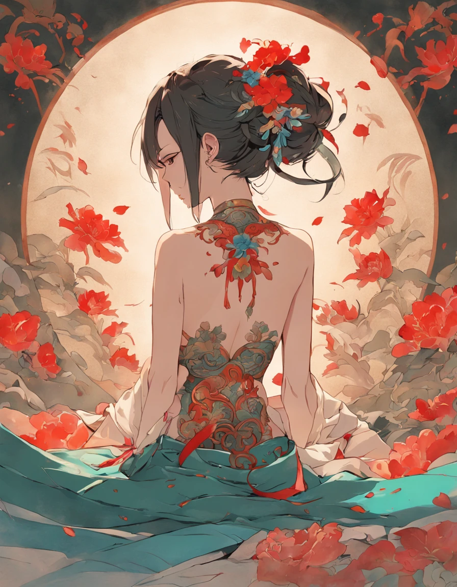 Ancient China had a woman's back, back of head,Expose the back and waist,above waist,There is a flower tattoo on the bare back,Red and blue-green flowers, Recline on the bed,ukiyo-style, Guviz-style artwork, Guviz, Alphonse mucha and rossdraws, A beautiful artwork illustration, By Li Song, by Yang J, author:Zou Zhe, By Zeng Jing, by Ye Xin, author:Shitao, author:Zhou Fang, korean art nouveau anime
