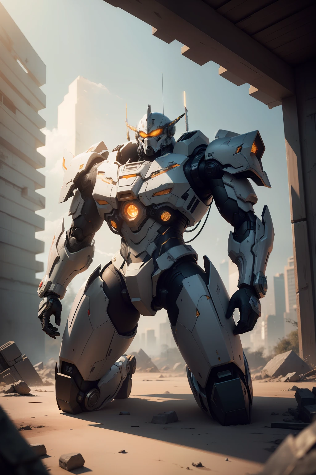 ((Best quality)), ((masterpiece)), (highly detailed:1.3), 3D,Shitu-mecha, handsome cyberpunk men with his mecha in the ruins of city from a forgoten war, ancient technology,HDR (High Dynamic Range),Ray Tracing,NVIDIA RTX,Super-Resolution,Unreal 5,Subsurface scattering,PBR Texturing,Post-processing,Anisotropic Filtering,Depth-of-field,Maximum clarity and sharpness,Multi-layered textures,Albedo and Specular maps,Surface shading,Accurate simulation of light-material interaction,Perfect proportions,Octane Render,Two-tone lighting,Low ISO,White balance,Rule of thirds,Wide aperature,8K RAW,Efficient Sub-Pixel,sub-pixel convolution,luminescent particles,light scattering,Tyndall effect