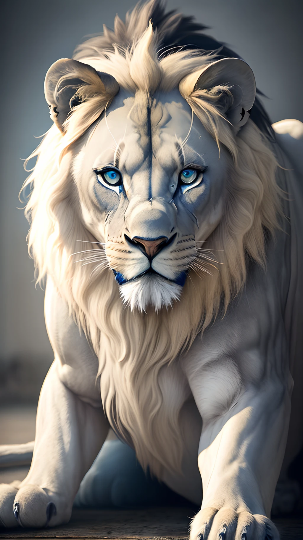 Grey lion with blue eyes
