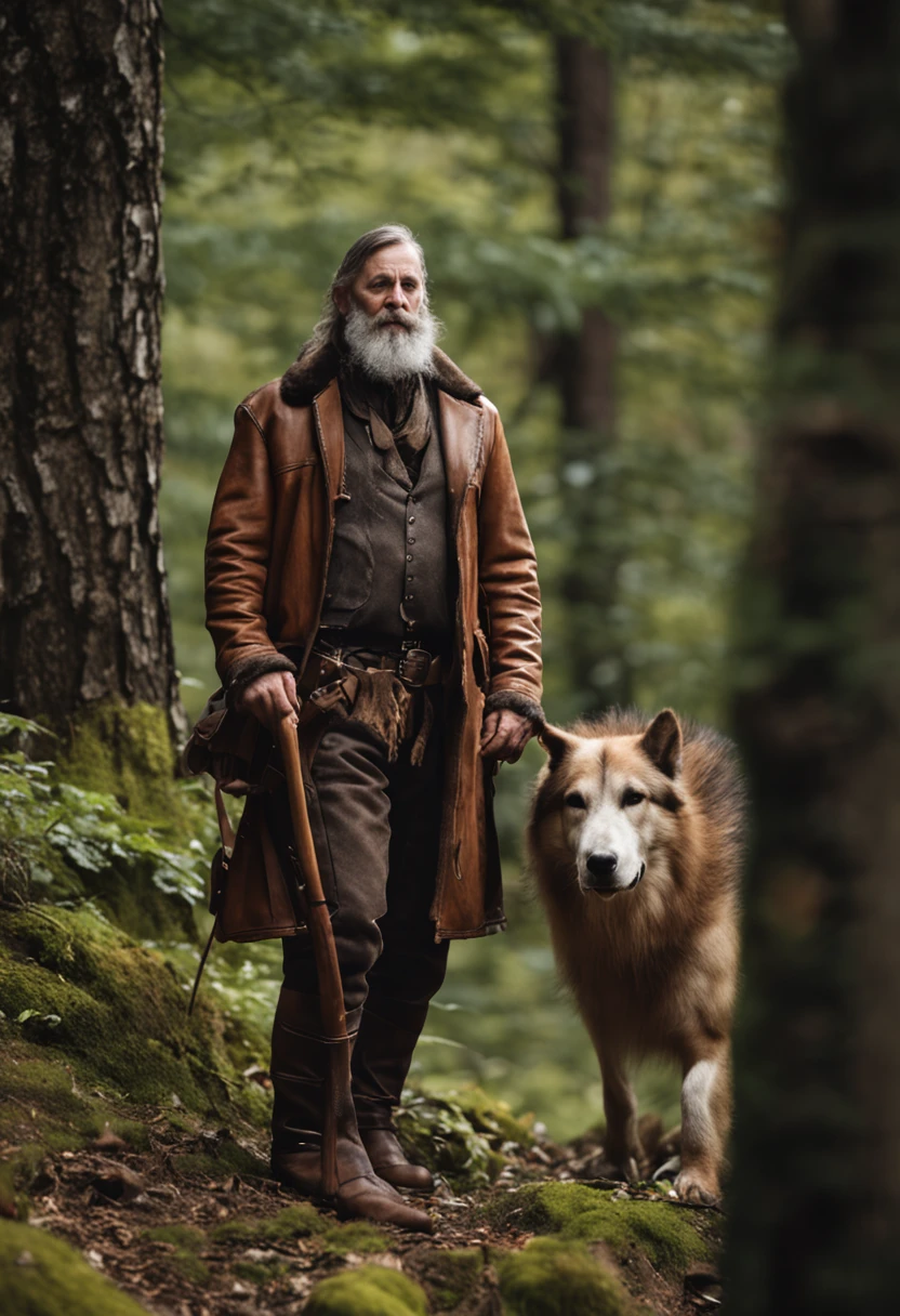 a 50 years old man with a long beard and a arch in his hand, hunter in the forest, all dressed with brown leather and brown furs, leather trousers, leather jacket , holding a hunting arch in one hand and and a hunting horn in the other hand, standing, full body picture, with a black horse and a black hound dog, high resolution, hyperdetailed, hyperealistic, sharp focus, photo realistic, intricate details,