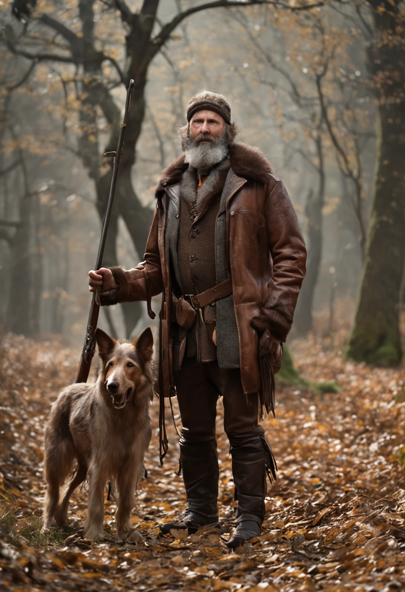 a 50 years old man with a long beard and a arch in his hand, hunter in the forest, all dressed with brown leather and brown furs, leather trousers, leather jacket , holding a hunting arch in one hand and and a hunting horn in the other hand, standing, full body picture, with a black horse and a black hound dog, high resolution, hyperdetailed, hyperealistic, sharp focus, photo realistic, intricate details,