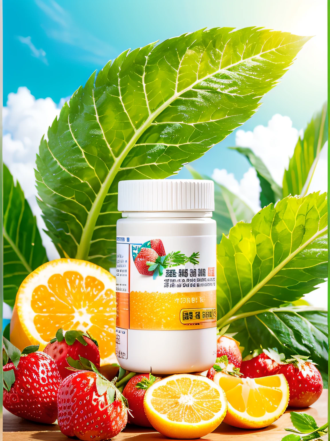 On the table was a bottle of vitamin supplements,There is fruit on it, product introduction photos, Product photo, zmonzheng, Official product image, product introduction photos, product image, Wang Chen, product - view, 4l, strawberry granules, Chiba Yuda, 60mm, ProductAdvertisements