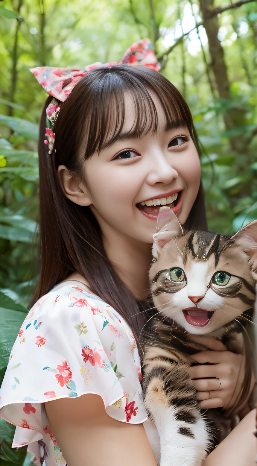 20-year-old woman in floral dress with bow on head,Laughing with white teeth、Healed face、Holding the kitten in your lap,Side Angle,Forest background,Vivid colors 16k ultra-realistic details