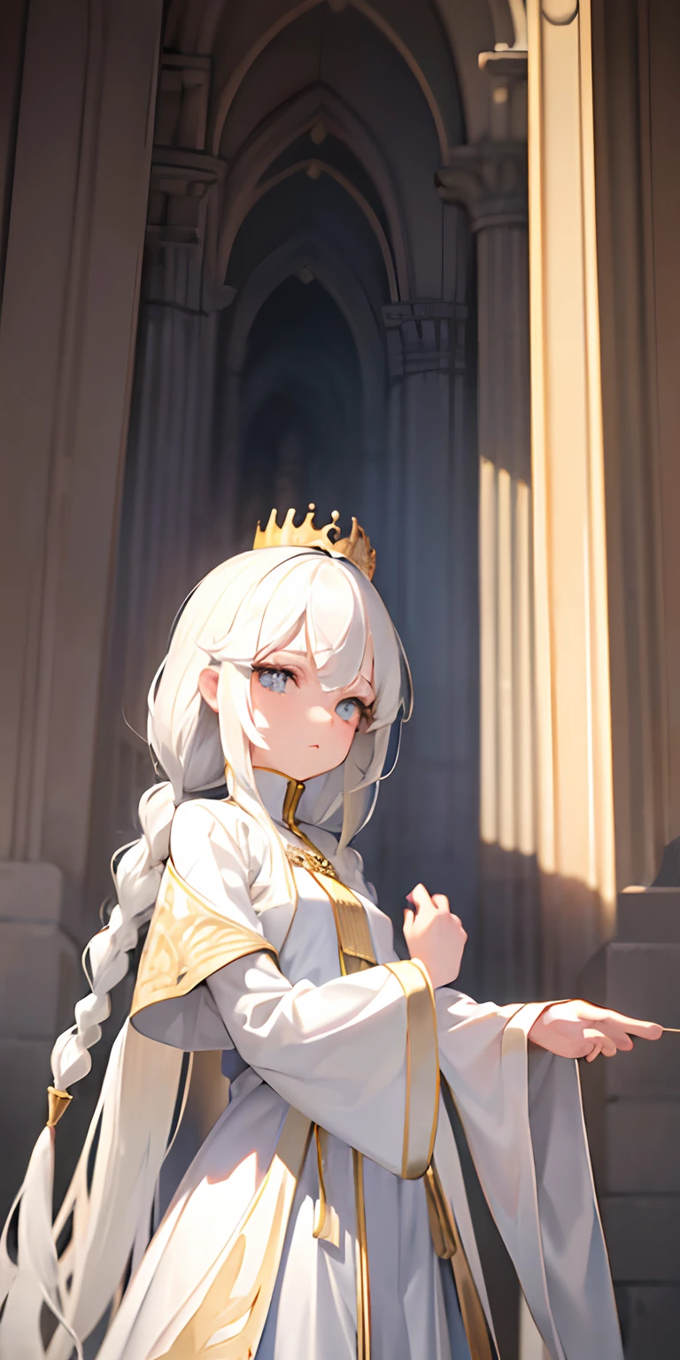 best quality, masterpiece,white hair, gold eyes,white long clothes, looking at viewer, upper body , loli body, ,Fair skin,side braids , golden crown , castle passageway detauled eyes , beutiful eyes , golden eyes.