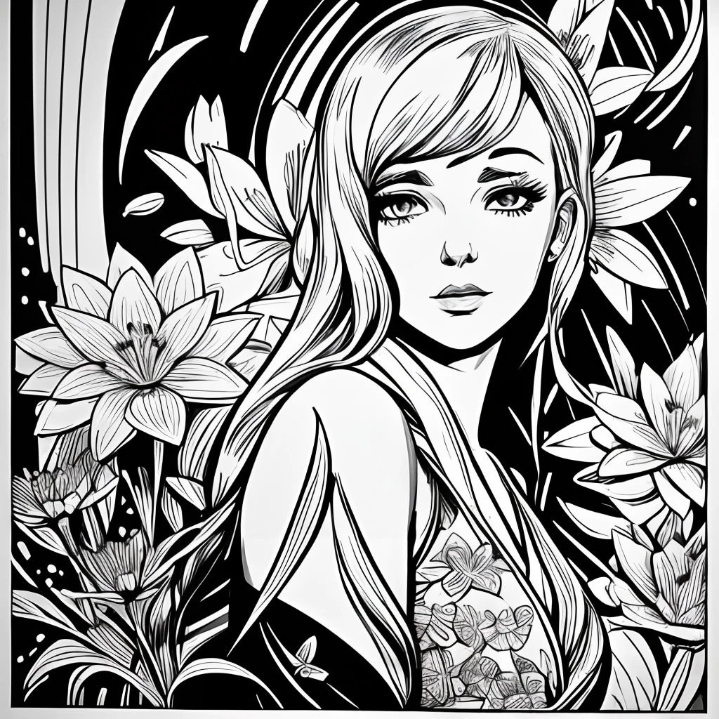 b&w, coloring page, line art, A field of flowers