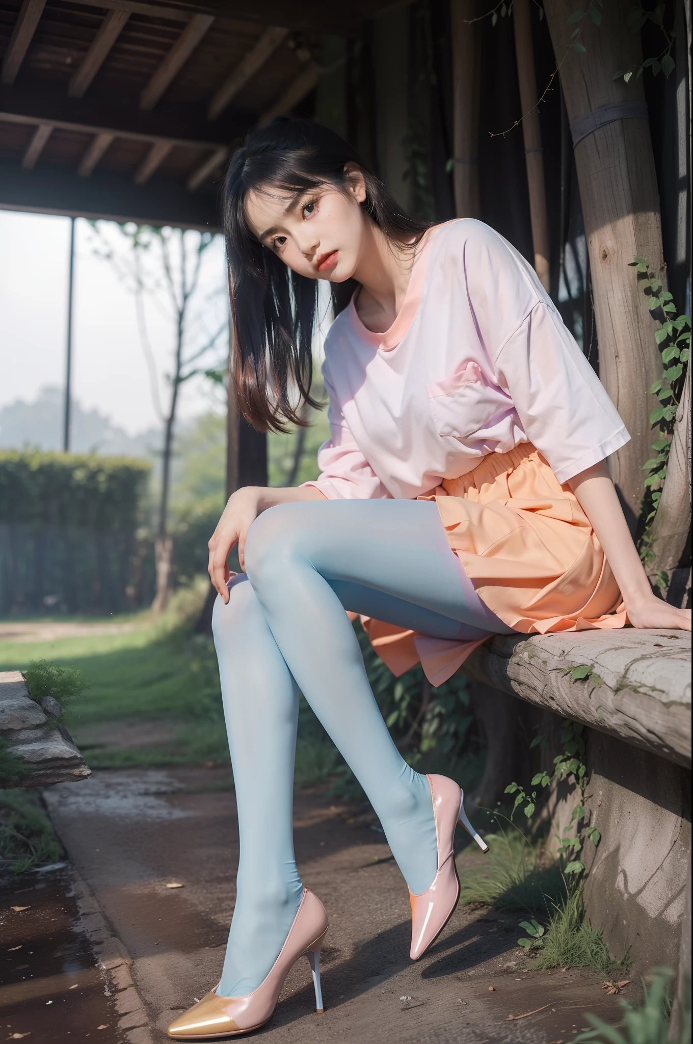 (full bodyesbian:1.5),(1girll:1.3),(view the viewer:1.4),(anatomy correct:1.4),(Sitting in the forest:1.2),(Wear a school-style dress:1.2),(Opaque pantyhose:1.3),( Girls pointed-toe thick heels :1.1),((purpleish color | blue colors | In pink | greys |white colors |black in color | Orange colors | green color | cyan colors | golden colored | khaki | Salmon color):1.2),(Accurate and perfect face:1.3),(Long legs:1.3),hyper HD, Ray traching, reflective light, structurally correct, Award-Awarded, High detail, Fade shadow contrast, Face lighting ,Cinematic lighting, Masterpiece, super detailing, High quality, High detail, Best quality, 16k,High contrast,