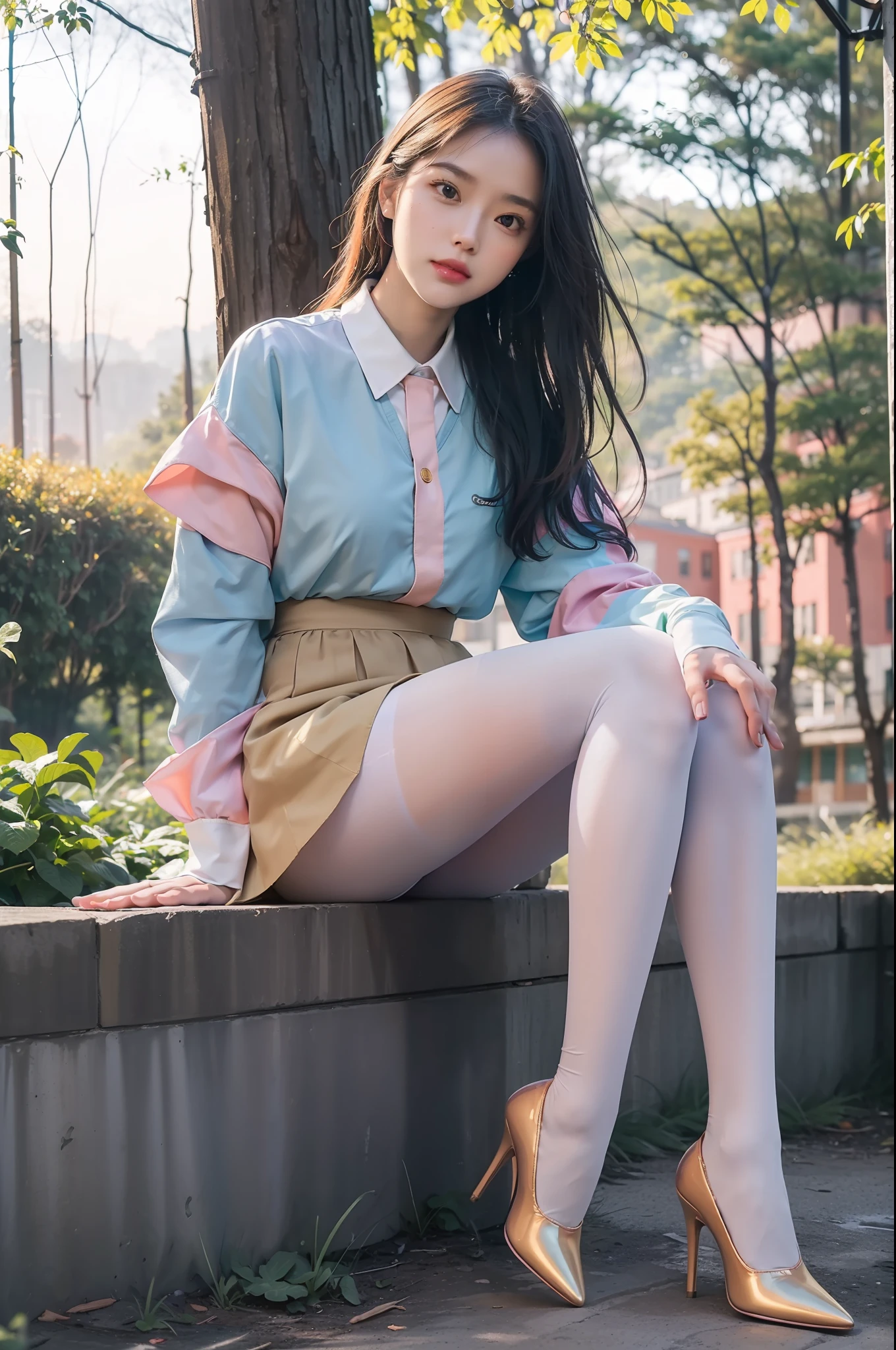 (full body:1.5),(1girl:1.3),(view the viewer:1.4),(anatomy correct:1.4),(sitting in the forest:1.2),(Wearing a school Style Dress:1.2),(Opaque pantyhose:1.3),( girl pointed thick heels :1.1),((purplish color | blue colors | in pink | greys |white colors |black in color | orange colors | green color | cyan colors | golden colors | khaki | Salmon colors):1.2),(Accurate and perfect face:1.3),(Long legs:1.3),hyper HD, Ray traching, reflective light, structurally correct, Award-Awarded, high detail, lighten shade contrast, Face lighting ,cinematic lighting, masterpiece, super detailing, high quality, high detail, best quality, 16k,High contrast,
