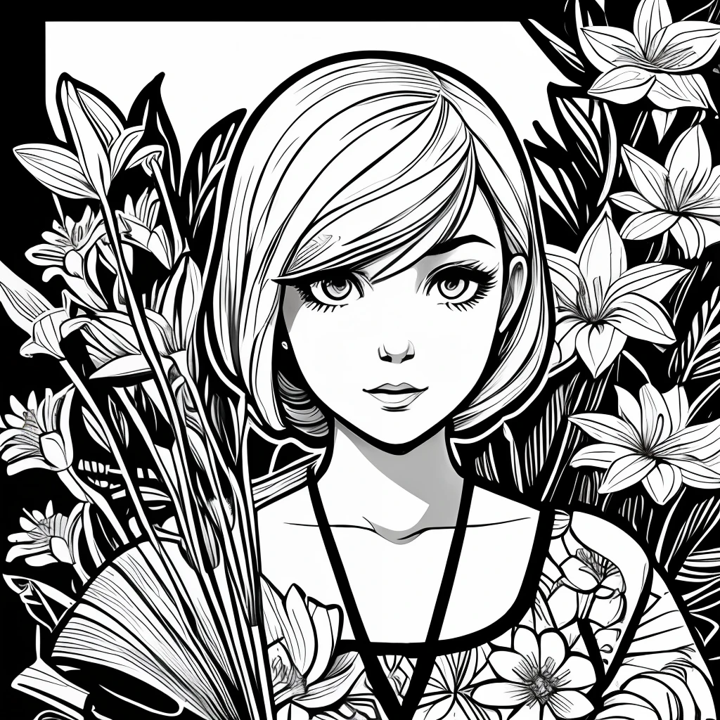 Black and white stick figure 1 girl with river lillies flower in background, in dress with flowers, its fine ink line art, comic style, portrait of ploynesian girl, Marilyn Munroe, Hollywood glam, beautiful line art, black and white comic style, manga style, manga art style, pencil and ink caricature drawing, black and white coloring