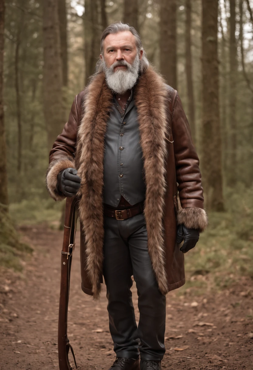 a 50 years old man with a long beard and a arch in his hand, hunter in the forest, all dressed with brown leather and brown furs, leather trousers, leather jacket , holding a hunting arch in one hand and and a hunting horn in the other hand, standing, full body picture, with a black horse and a black hound dog, high resolution, hyperdetailed, hyperealistic, sharp focus, photo realistic, intricate details,