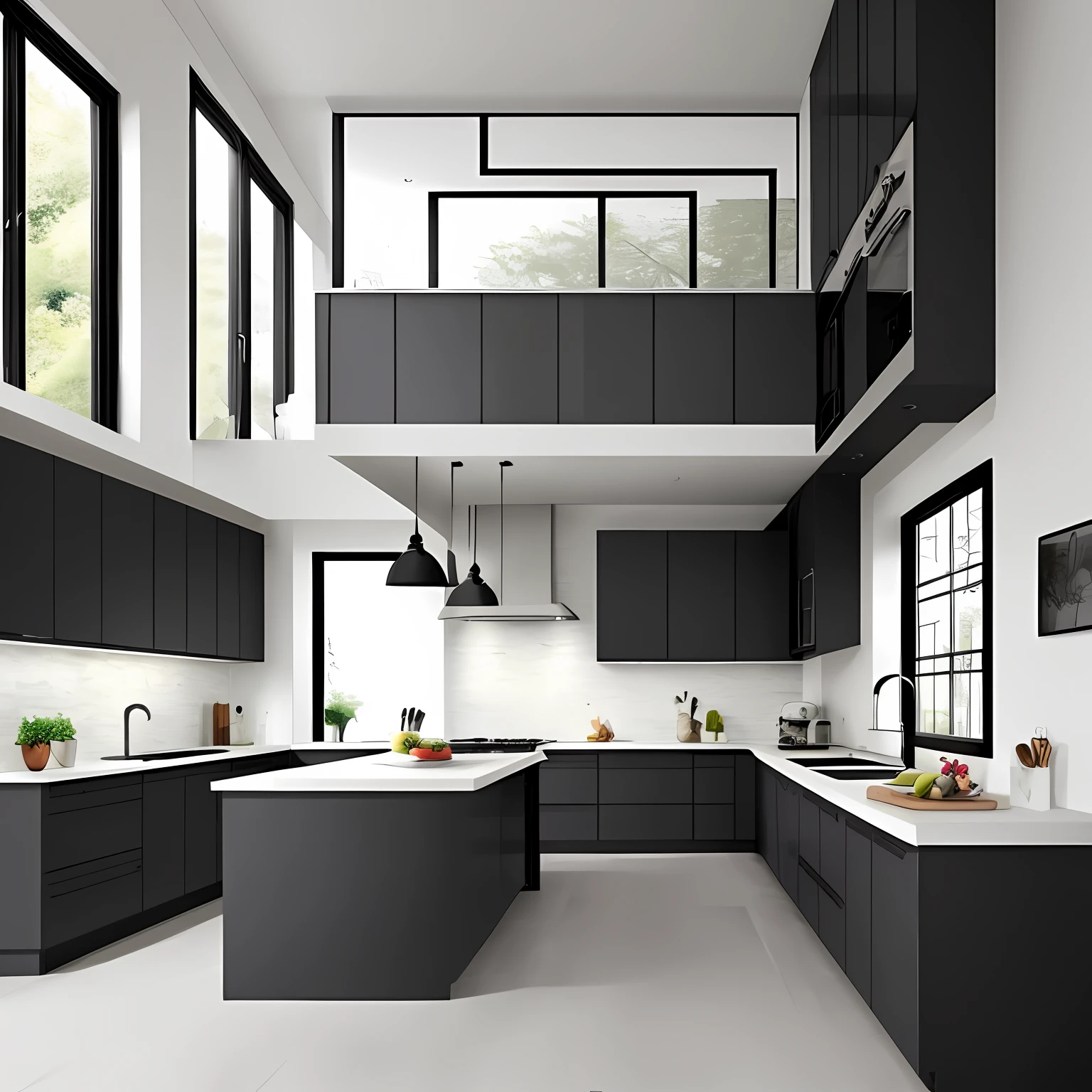 kitchen design in cold colours, grey tones, ambient looks, contemporary styled, large angle photoshoot