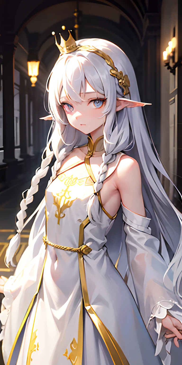 best quality, masterpiece,white hair, gold eyes,white long clothes, looking at viewer, upper body , loli body, ,Fair skin,side braids , golden crown , castle passageway detauled eyes , beutiful eyes , golden eyes.