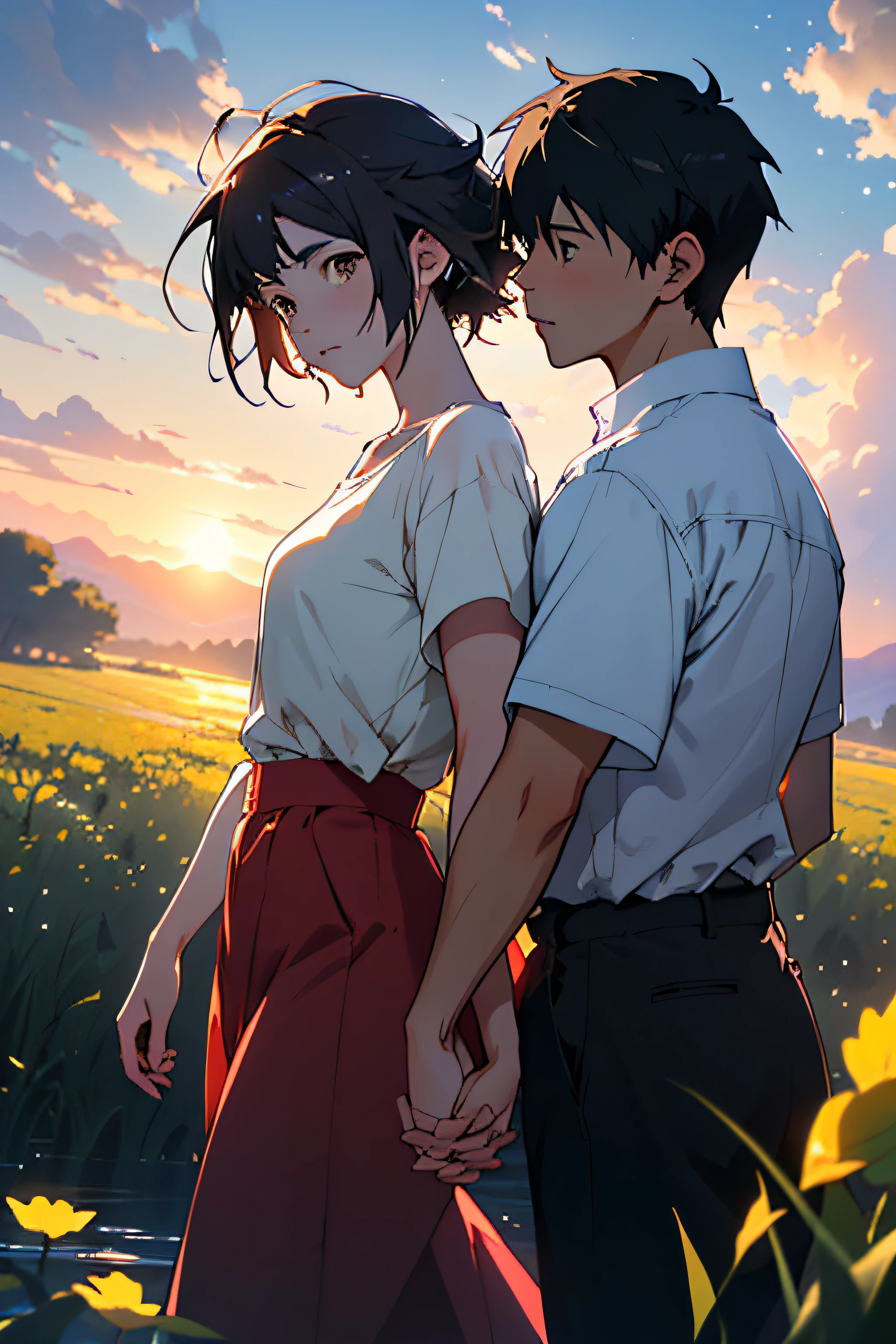 Anime couple walking in the field, (boy + girl), watery big eyes, (delicate and beautiful facial features), is the ultimate gentle beauty, the romantic atmosphere is very strong, the two (hand in hand) walking head-on, (from far and near), (facing the audience), (character shot close-up)), the boy looks at the girl affectionately and tenderly, ((behind is a beautiful sunset)), (girl white shirt with red skirt), (boy white T-shirt with black pants), exquisite clothing, beautiful, delicate, beautiful, Charming and moving, girl hair coiled behind her head, (coiled hair), messy bangs, big watery eyes, light brown eyes, fields dominated by (((amber)) and golden yellow, official art, guweiz and Makoto Shinkai, by Hiroshi Yamagata, Sakimichan and Makoto Shinkai, by Nobuta Yanagawa, style in Ghibli animation style, fiona staples and Makoto Shinkai, style by Makoto Shinkai, masterpiece, master painting, HD, 8K resolution