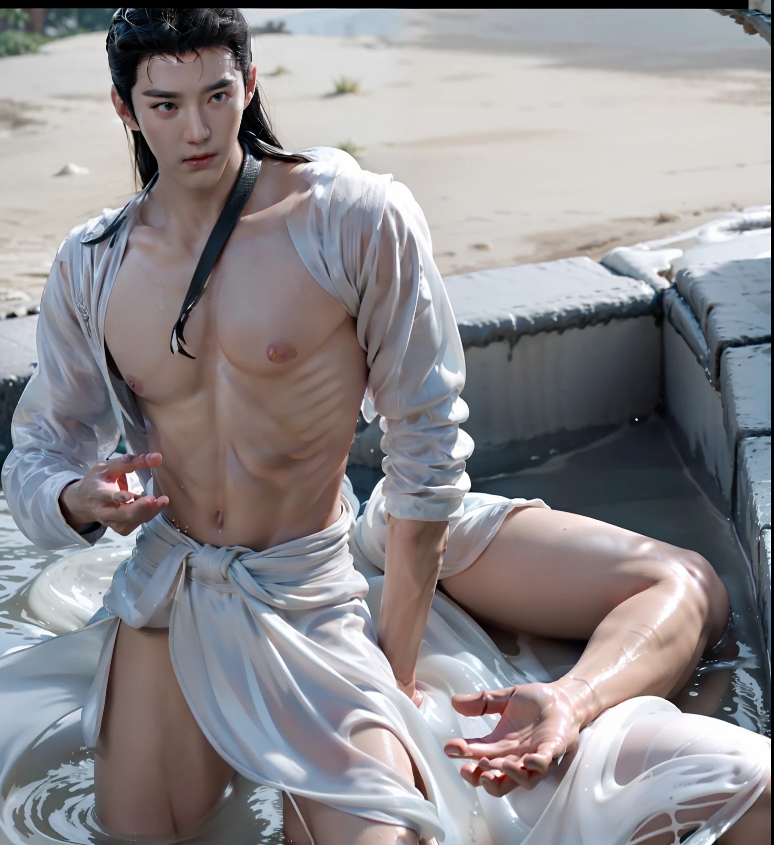 A tall muscular boy , Naked , Legs spread , (The whole body of the character),impact , Sweaty , Wet , Seductive , Bigboobs , large bulge , big balls , big assa,Exposing the pectoral muscles,Wu Yifan,,(A large amount of transparent white liquid),armor(binding)