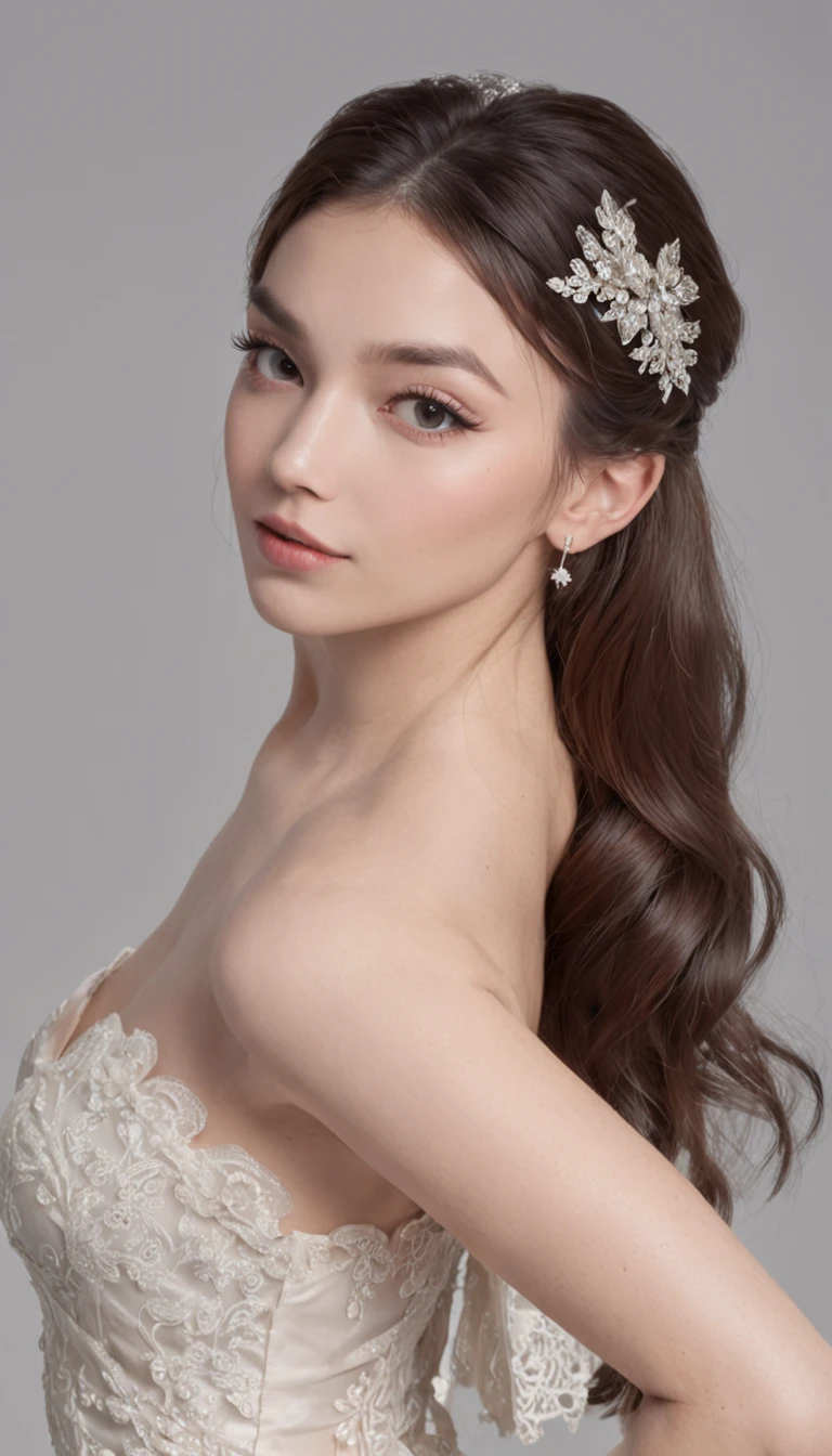 (professional 3d render:1.3) af (Realistic:1.3) most beautiful artwork photo in the world,tmasterpiece,best qualtiy,Private room photos,Star Girl,wedding photo,Full body photo of the front,No chest baring,Smaller breasts,No shoulders,No navel,show legs,black lence stockings,White heels,Horsetail hair,Black color hair,Seductive expressions,White wedding dress,Lace craftsmanship,Dignified temperament,still face,Full body photo,Private photos,Angel wings,Angel face,necklace gold,White jade bracelet,Silver-toned stud earrings,White cape