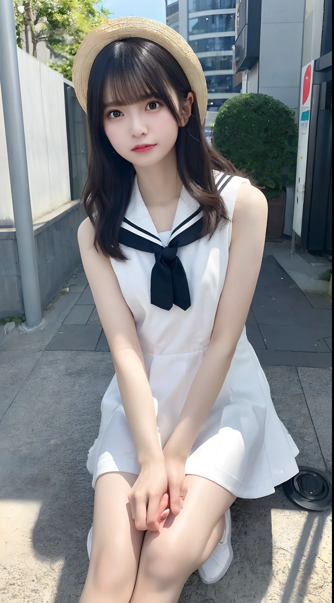 Campus Snap, (14 year old beautiful girl:1.3), (Baby Face:1.3), whole body, (Slender body line), (Small and slender figure:1.2), Sailor suit, mini skirt, (Skirt with side slits), (Exceptionally cute face:1.3), (Idol&#39;s face:1.3), (Symmetrical long side bangs:1.4), (Smooth and lustrous brown hair:1.3), (Hair soaring in the wind:1.5), (Wide open pretty eyes:1.3), (high nose:1.3), (Natural Lip Gloss:1.3), (Beautiful breasts:1.5), (Tight waist:1.3), (Thin thighs:1.3), (Detailed hand:1.3), (Little girl&#39;s small hand:1.2), (Detailed skin texture), (Photorealistic:1.4), (Professional Lighting), (Accurate Shadows:1.2), ((Highest quality, Ultra high definition, Masterpiece, highest quality)), (View the viewer:1.5), (A shy smile:1.5)